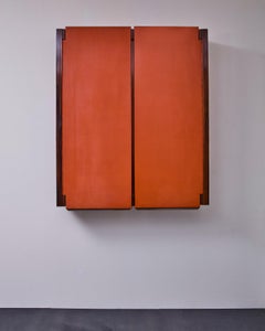 Large wooden hanging sideboard with orange doors, Elio Monesi, 1961