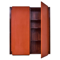 Large wooden hanging sideboard with orange doors, Elio Monesi, 1961