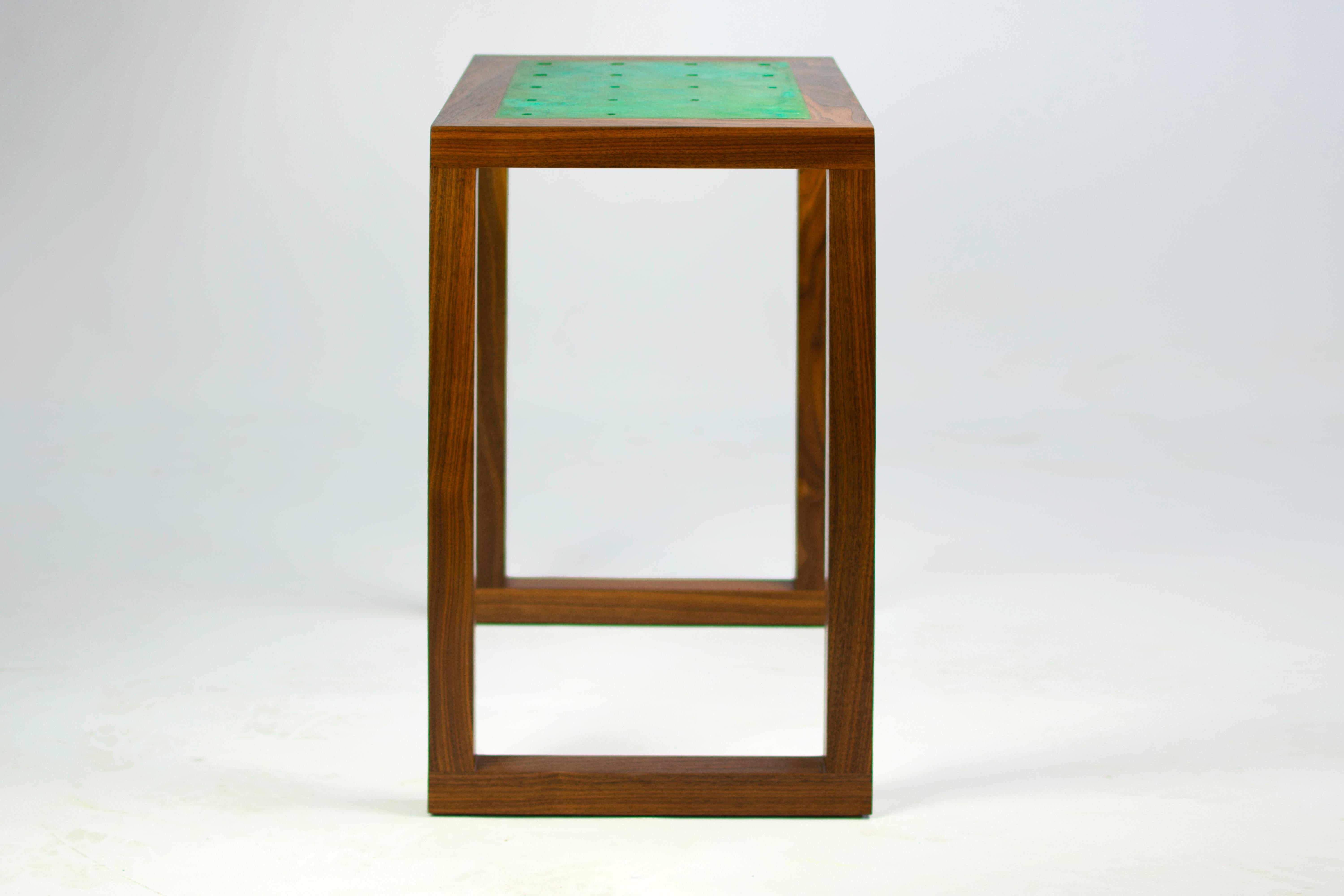 Modern Amplitude End Table by KLN Studio with Inlaid Patinated Copper and Walnut For Sale