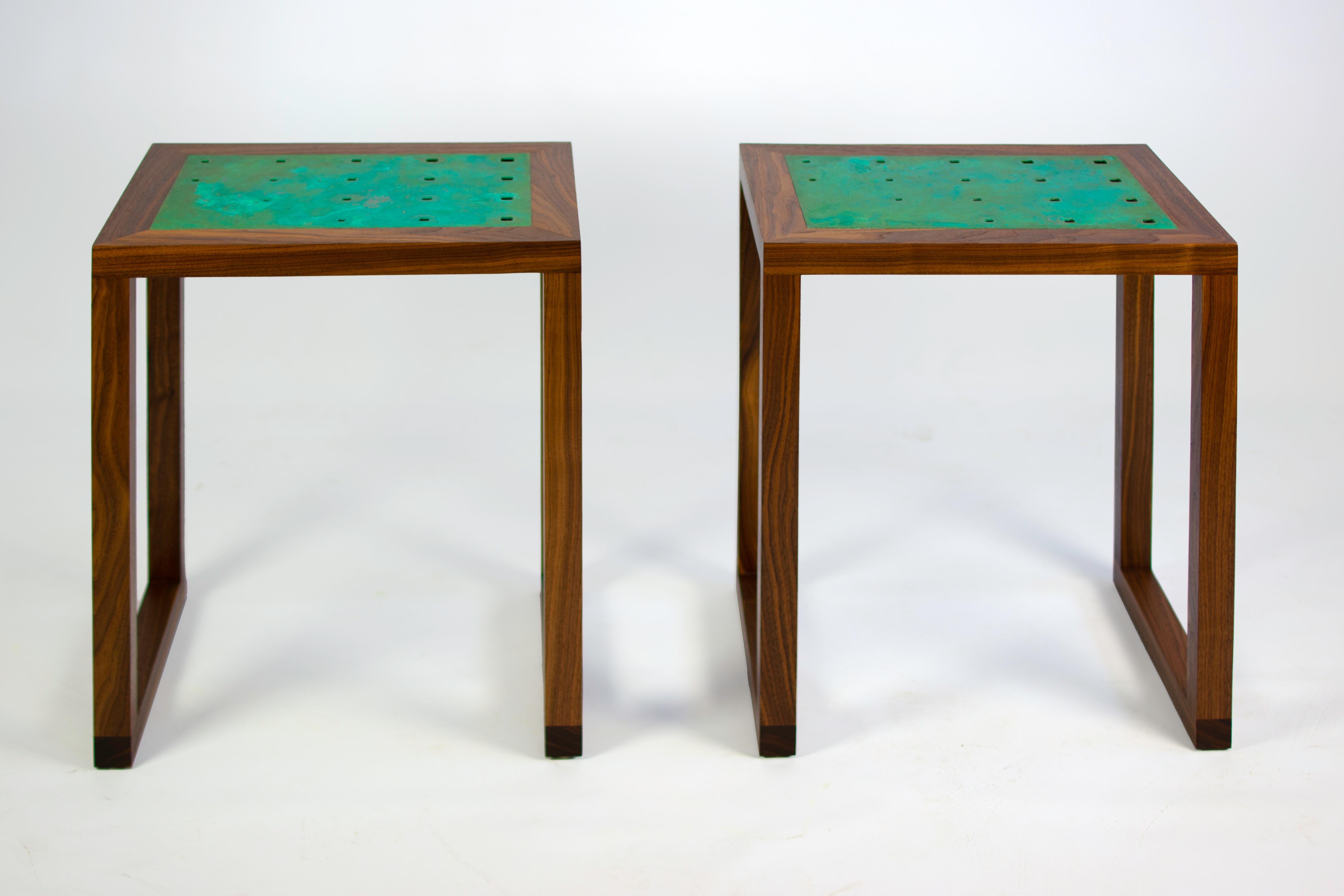 Hand-Crafted Amplitude End Table by KLN Studio with Inlaid Patinated Copper and Walnut For Sale