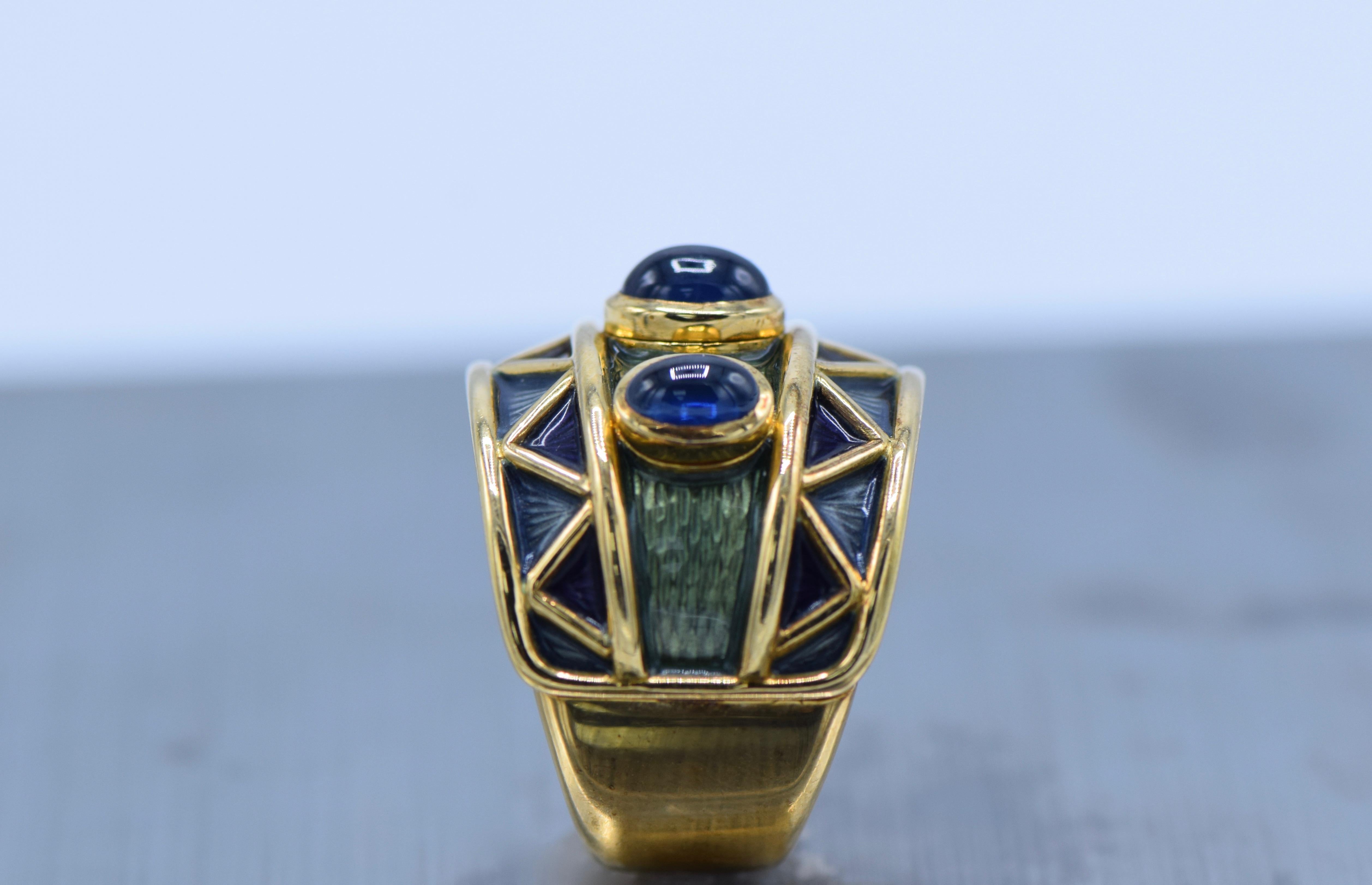 Women's AMR Shaker 18 Karat Wide Gold, Three Oval Cabochon Sapphire and Enamel Ring
