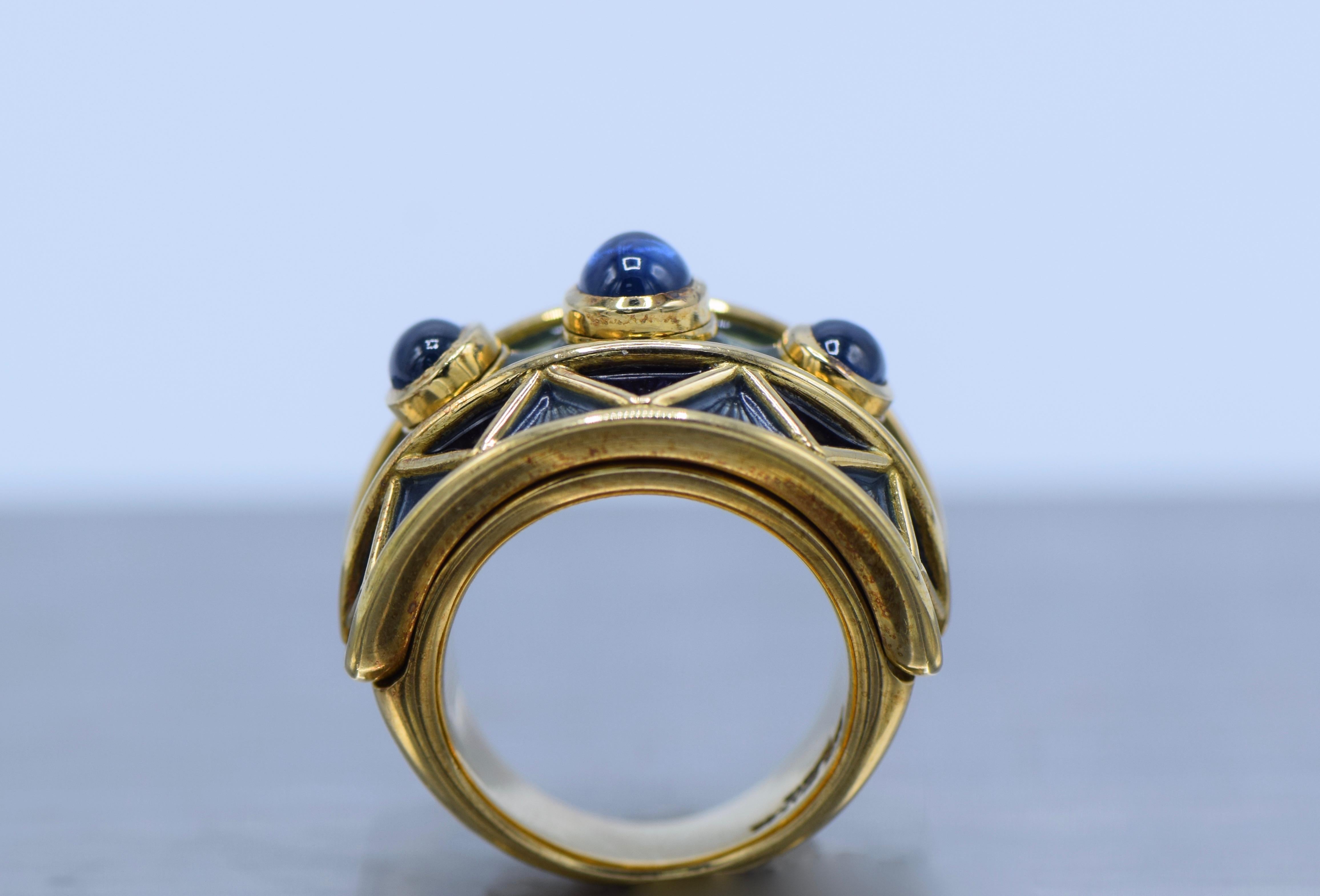AMR Shaker 18 Karat Wide Gold, Three Oval Cabochon Sapphire and Enamel Ring 1