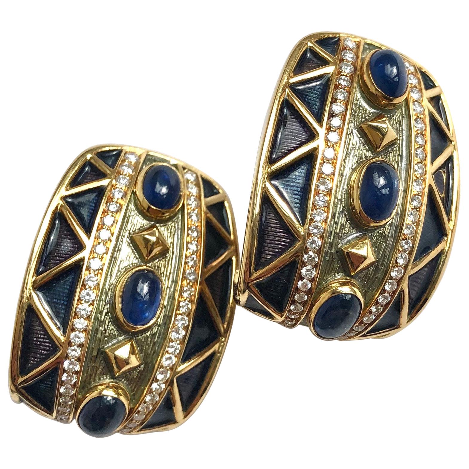 AMR Shaker Sapphire Cabochon, Diamond and 18 Carat Gold Earrings