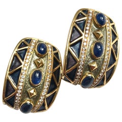 AMR Shaker Sapphire Cabochon, Diamond and 18 Carat Gold Earrings