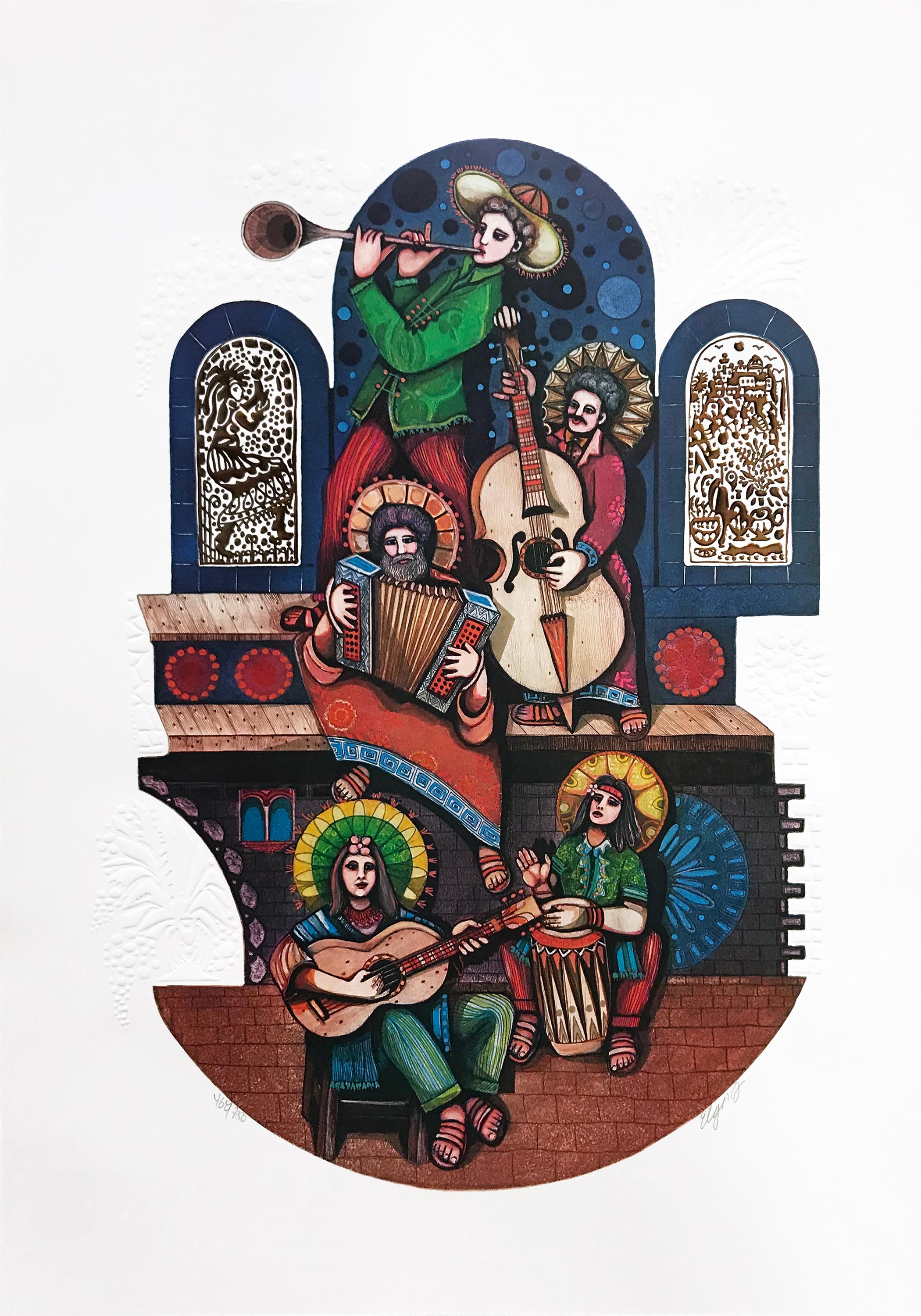 Amram Ebgi Interior Print - FIVE MUSICIANS (JUDAICA ART)