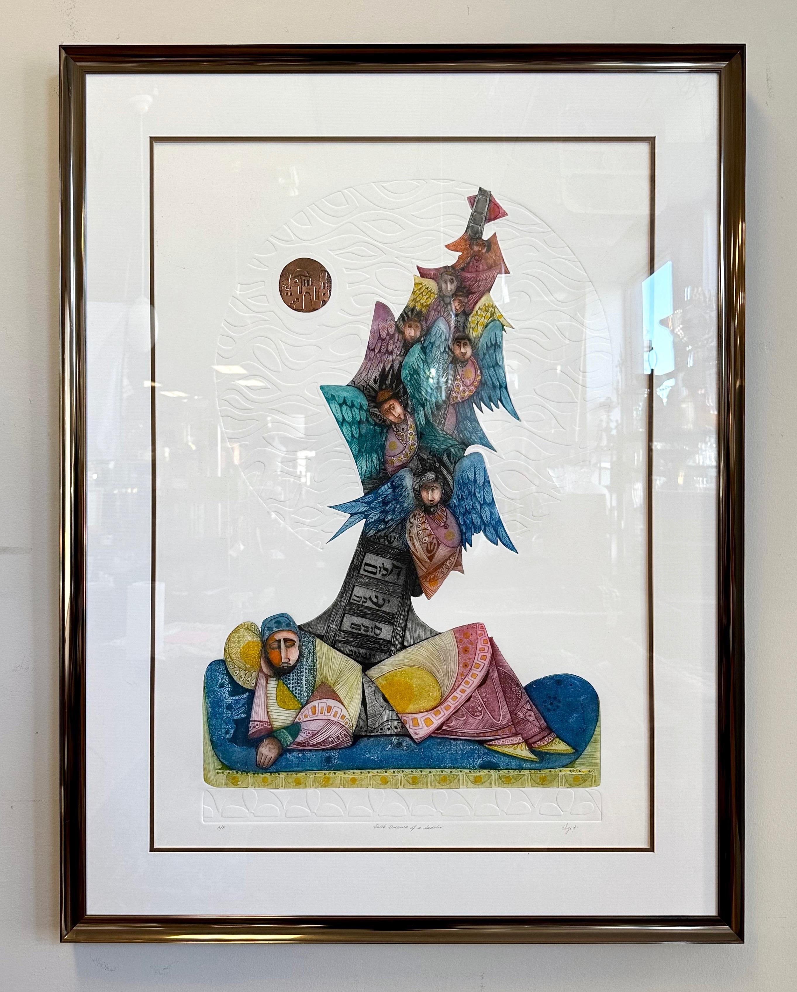 A large, colorful, and exceptionally well executed Judaica-themed intaglio print on embossed paper with embossed copper foil inset titled “Jacob Dreams of a Ladder” by noted Morocco-born Jewish American artist Amram Ebgi (b. 1939).

Signed and