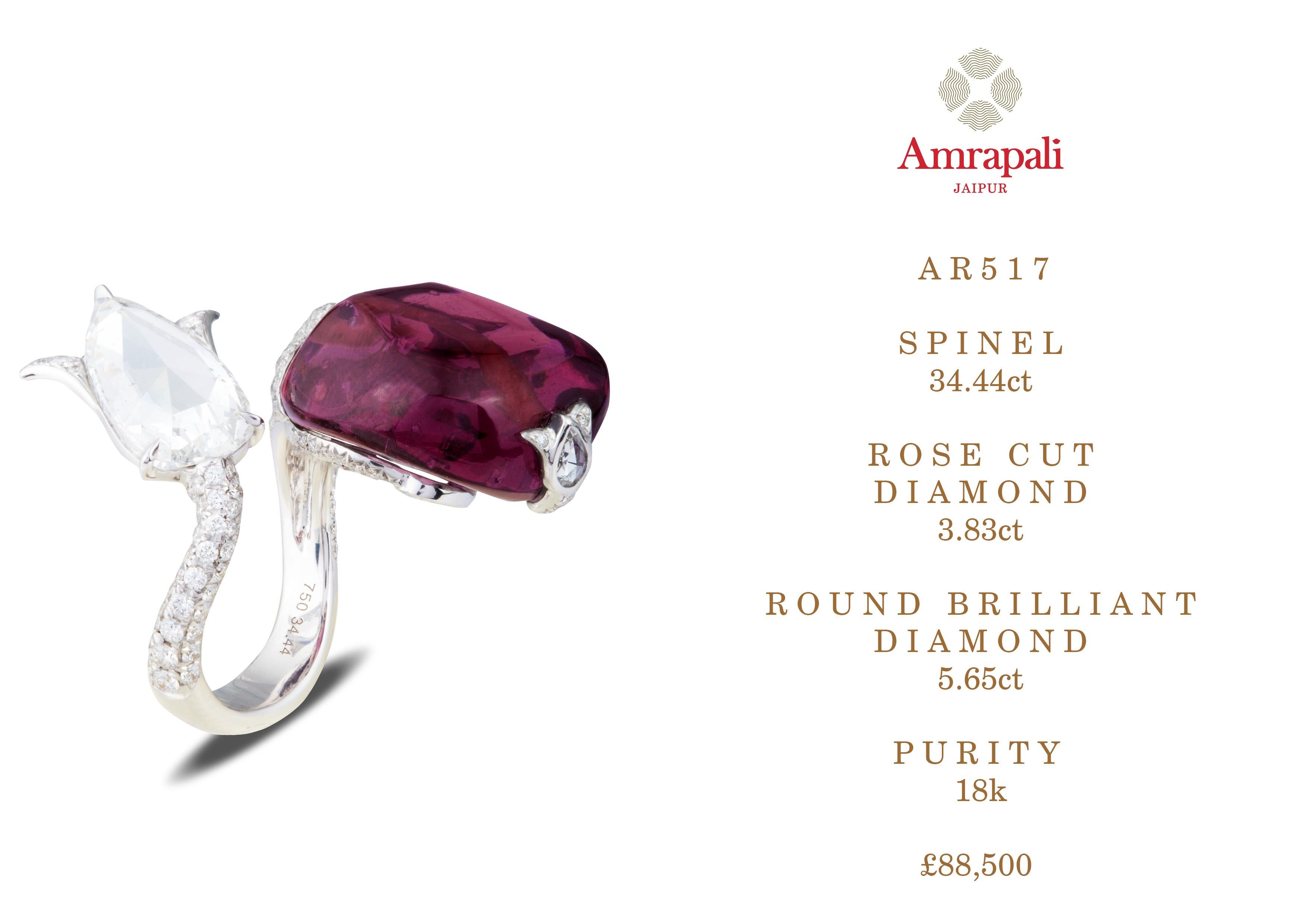 Amrapali Jewels 18 Karat White Gold Spinel and Diamond Ring

Spinel and Diamond ring from Amrapali Jewels incorporates a 34.44ct antique 250 year-old Spinel from The Royal Collection, perfectly paired with a 3.83ct Rose Cut Diamond.

Spinel weight -