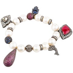 Amrapali Jewels 14 Karat Gold, Ruby, Sapphire, Pearl and Diamond Bracelet