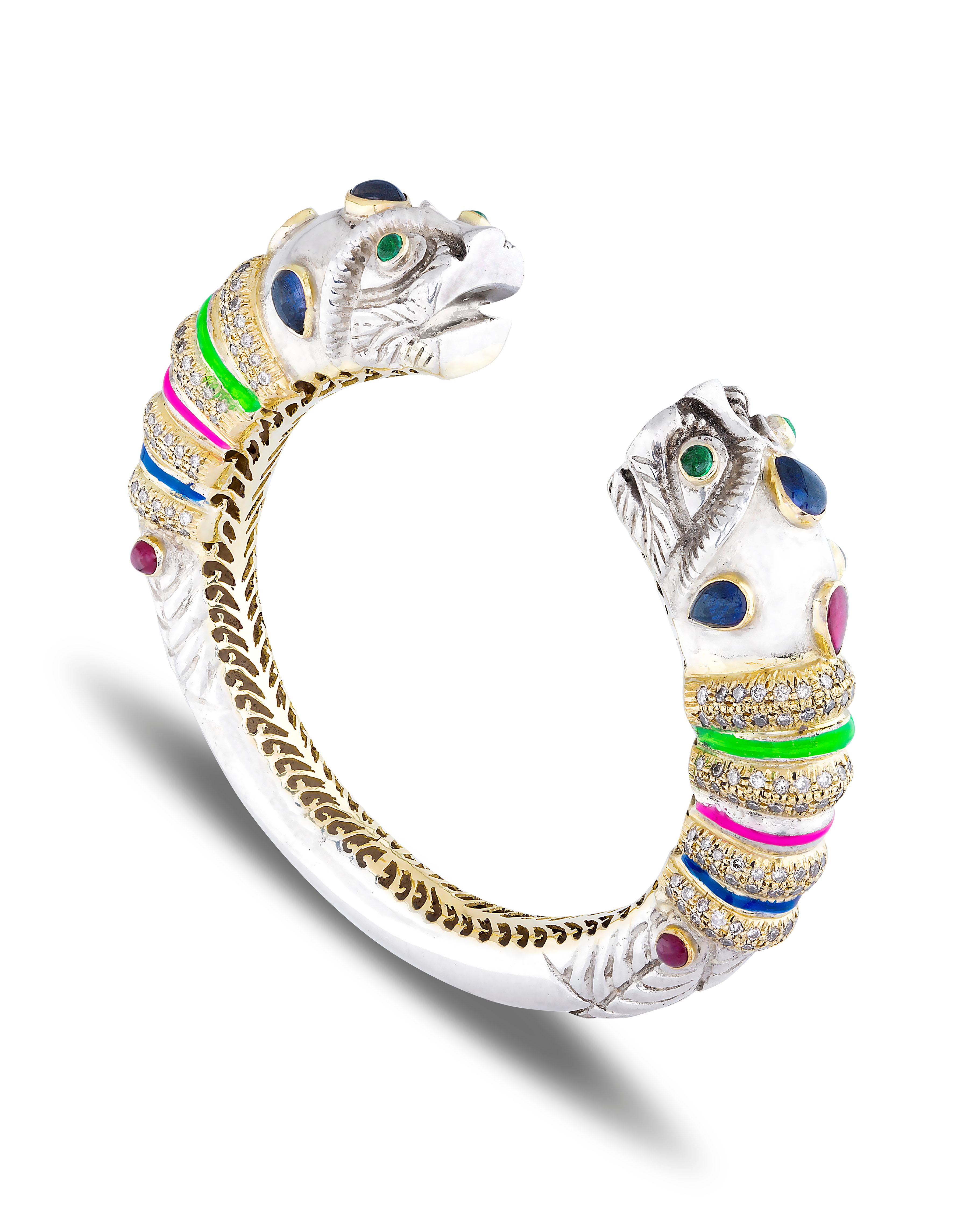 Women's Amrapali Jewels 14 Karat Gold, Enamel, Iolite, Emerald, Ruby and Diamond Bangle For Sale