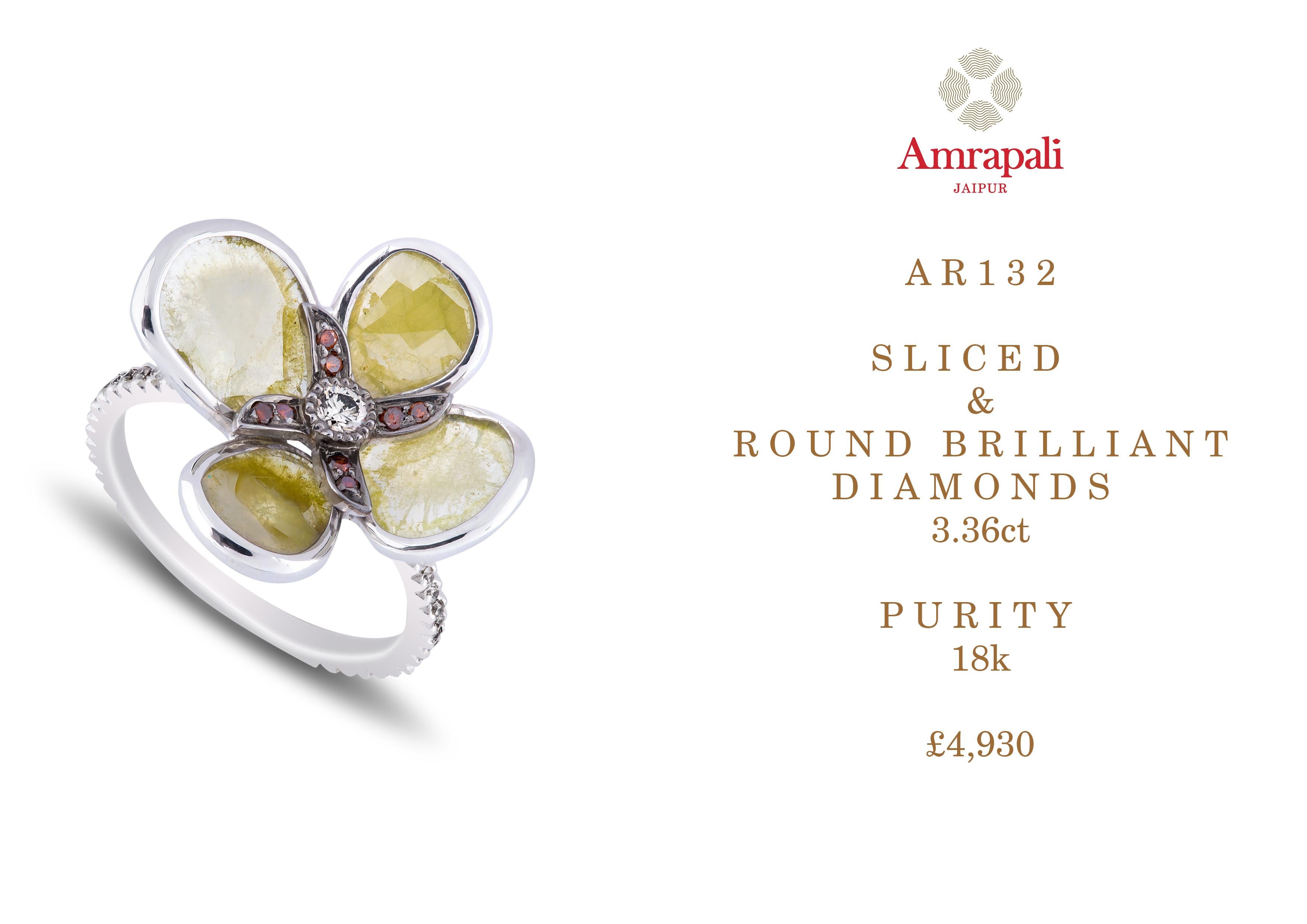 Amrapali Jewels 14k gold, yellow & white Diamond ring  

Diamond weight - 3.32ct total 

Diamond cut - Sliced Light yellow diamond Earrings 
Centre diamond cut - White round brilliant diamond 

Ring size - 53.5


