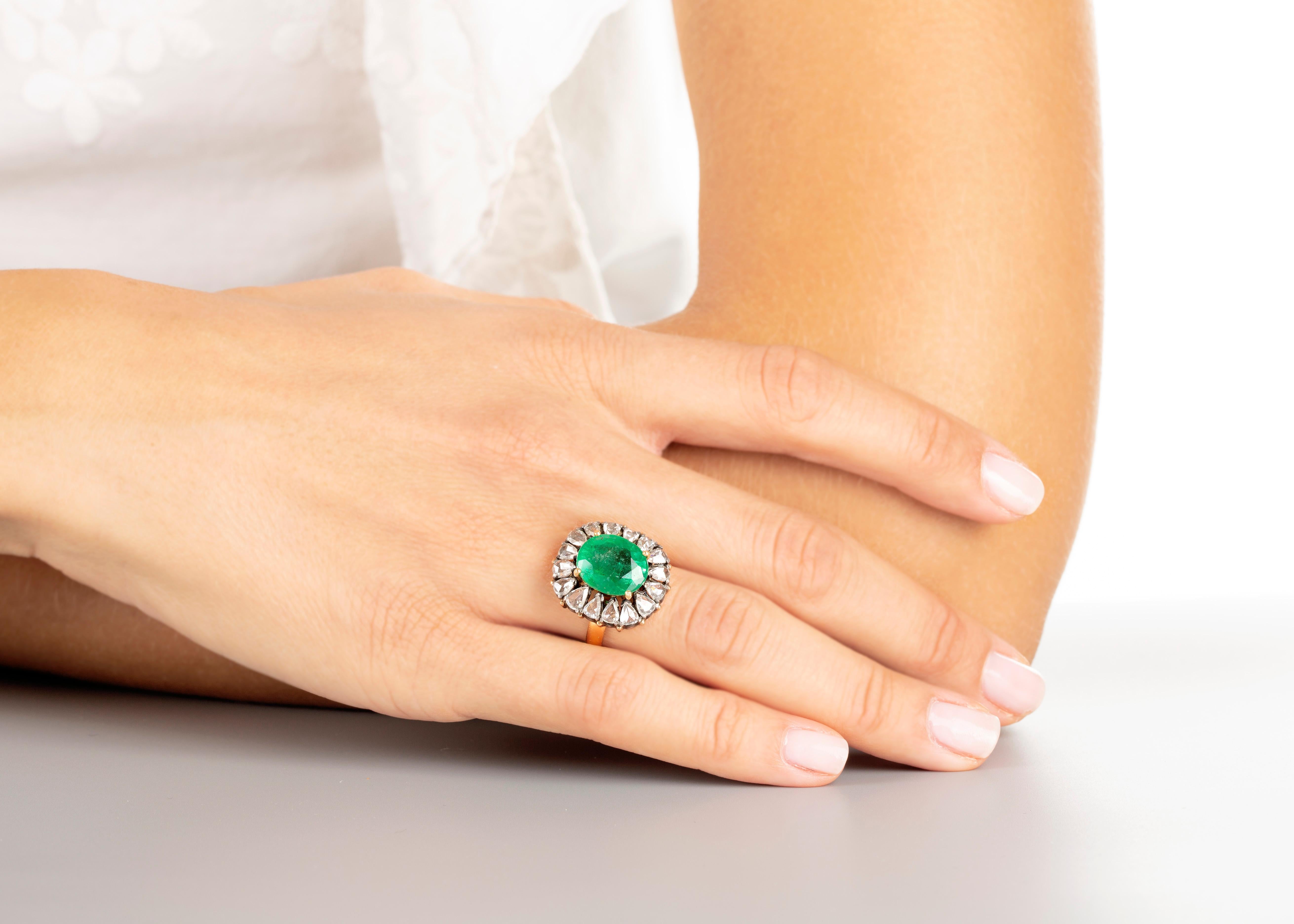 Emerald Cut Amrapali Jewels 18 Karat Gold and 925 Sterling Silver, Emerald and Diamond Ring For Sale