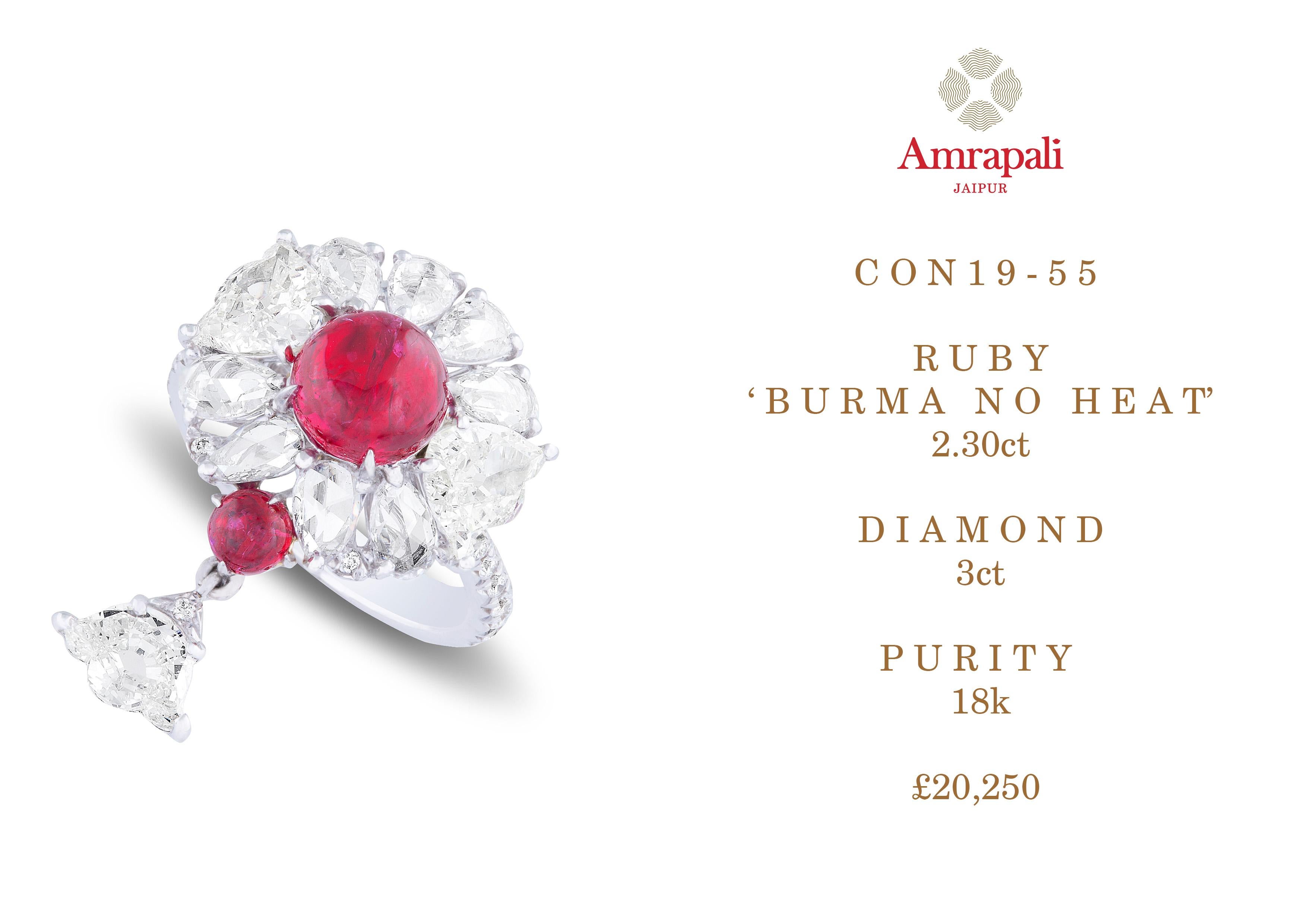 Amrapali Jewels 18 Karat Gold, Ruby 'Burma No Heat' & Diamond Ring

Ruby weight - 2.30ct 
Diamond weight - 3ct  

Ring size - 52


