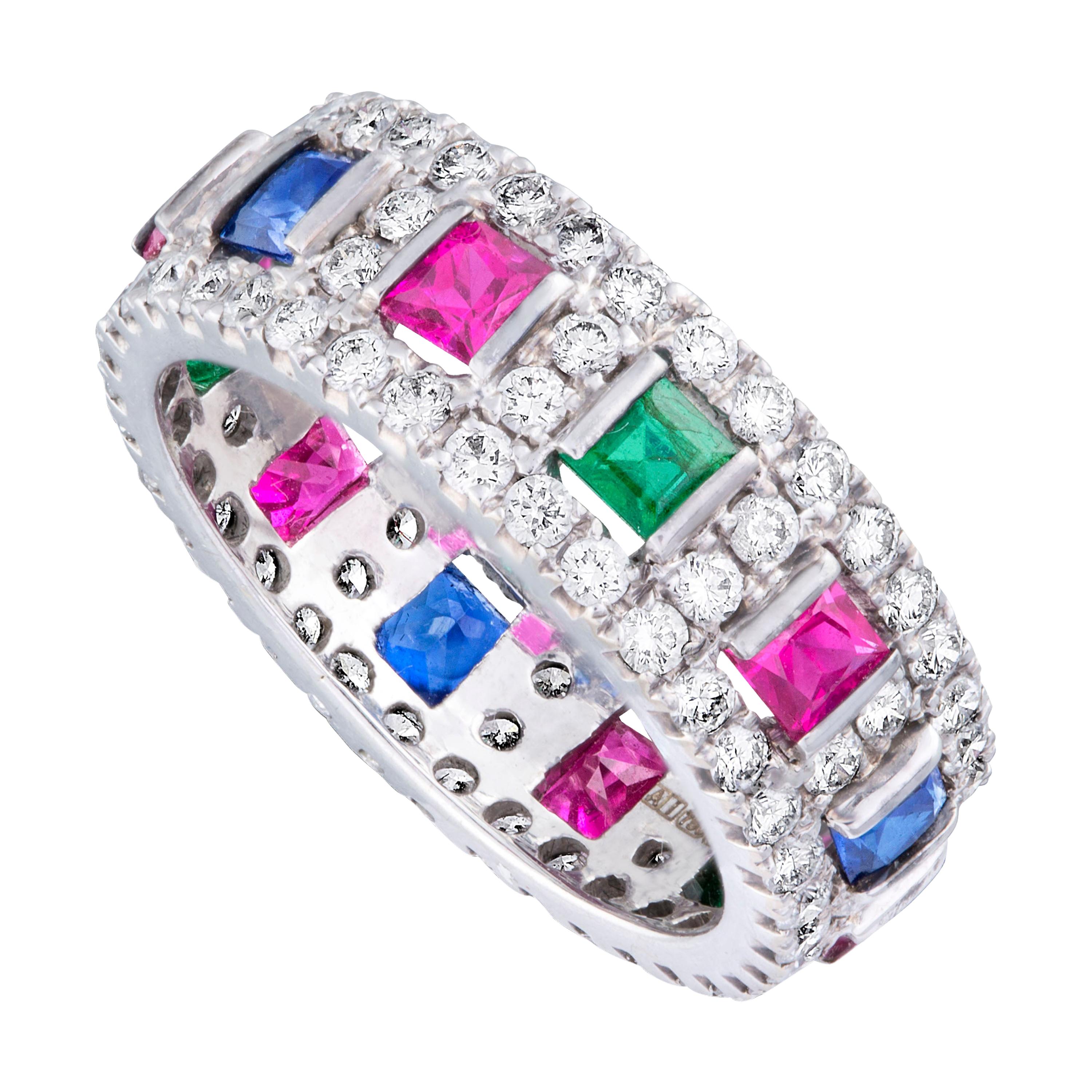 Amrapali Jewels 18 Karat Gold, Sapphire, Emerald, Ruby and Diamond Ring For Sale