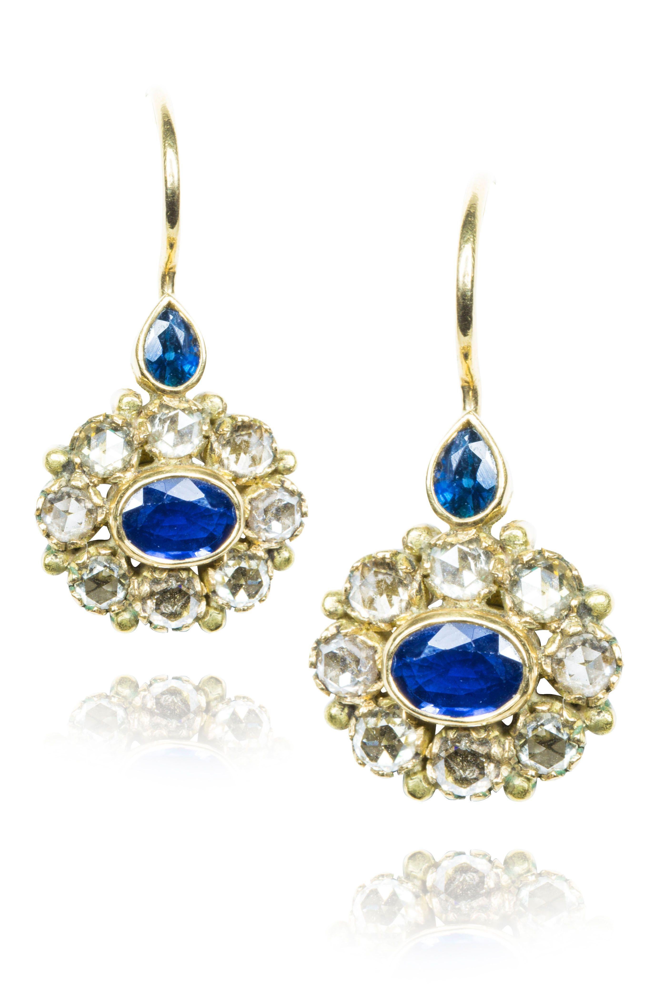 Rose Cut Amrapali Jewels 18 Karat Yellow Gold, Blue Sapphire and Diamond Earrings For Sale