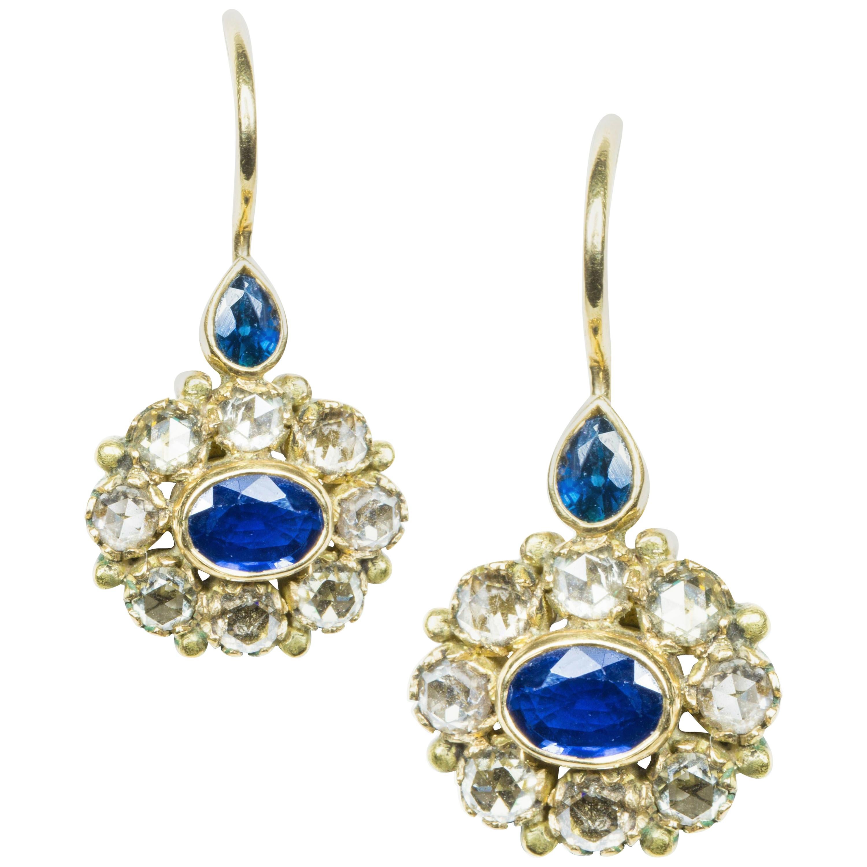 Amrapali Jewels 18 Karat Yellow Gold, Blue Sapphire and Diamond Earrings For Sale