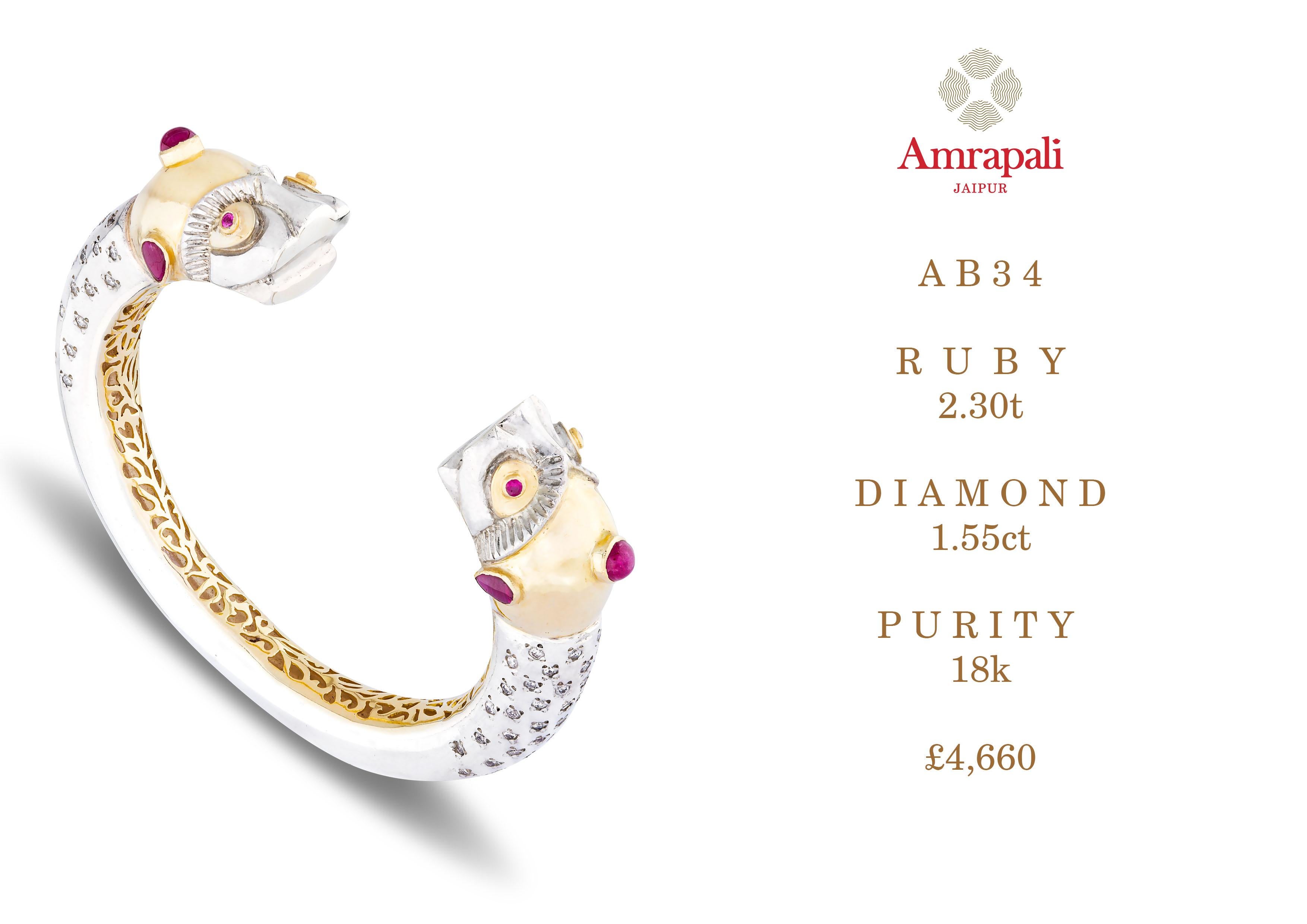 Amrapali Jewels 18k gold, Ruby & Diamond bangle  

Ruby weight  - 2.30ct
Diamond weight - 1.55ct 

Size - 5.5 



