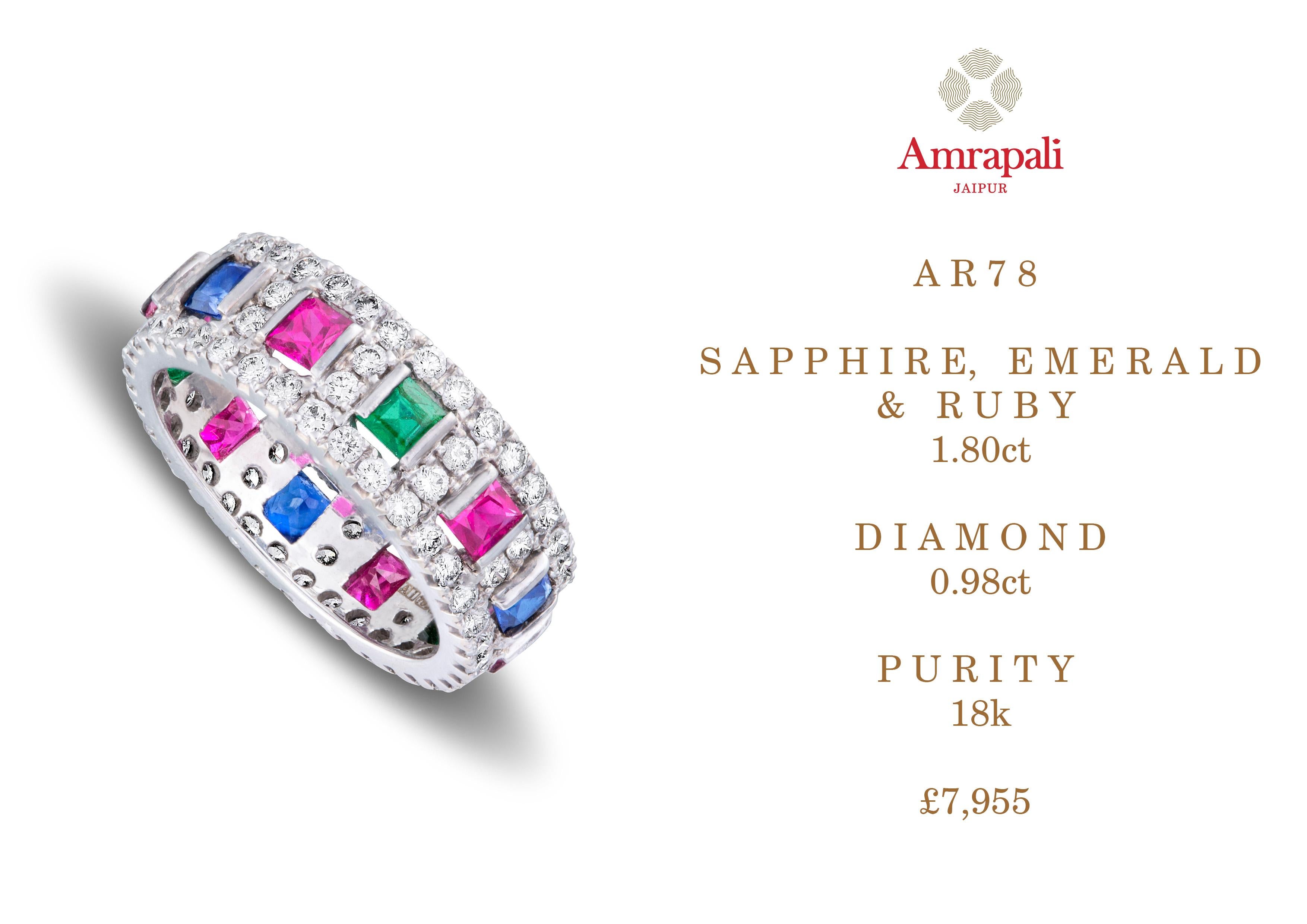 Amrapali Jewels 18k gold, Sapphire & Diamond ring  

Emerald, Ruby & Sapphire weight - 1.80ct
Diamond weight - 0.98ct  

Ring size - 51


