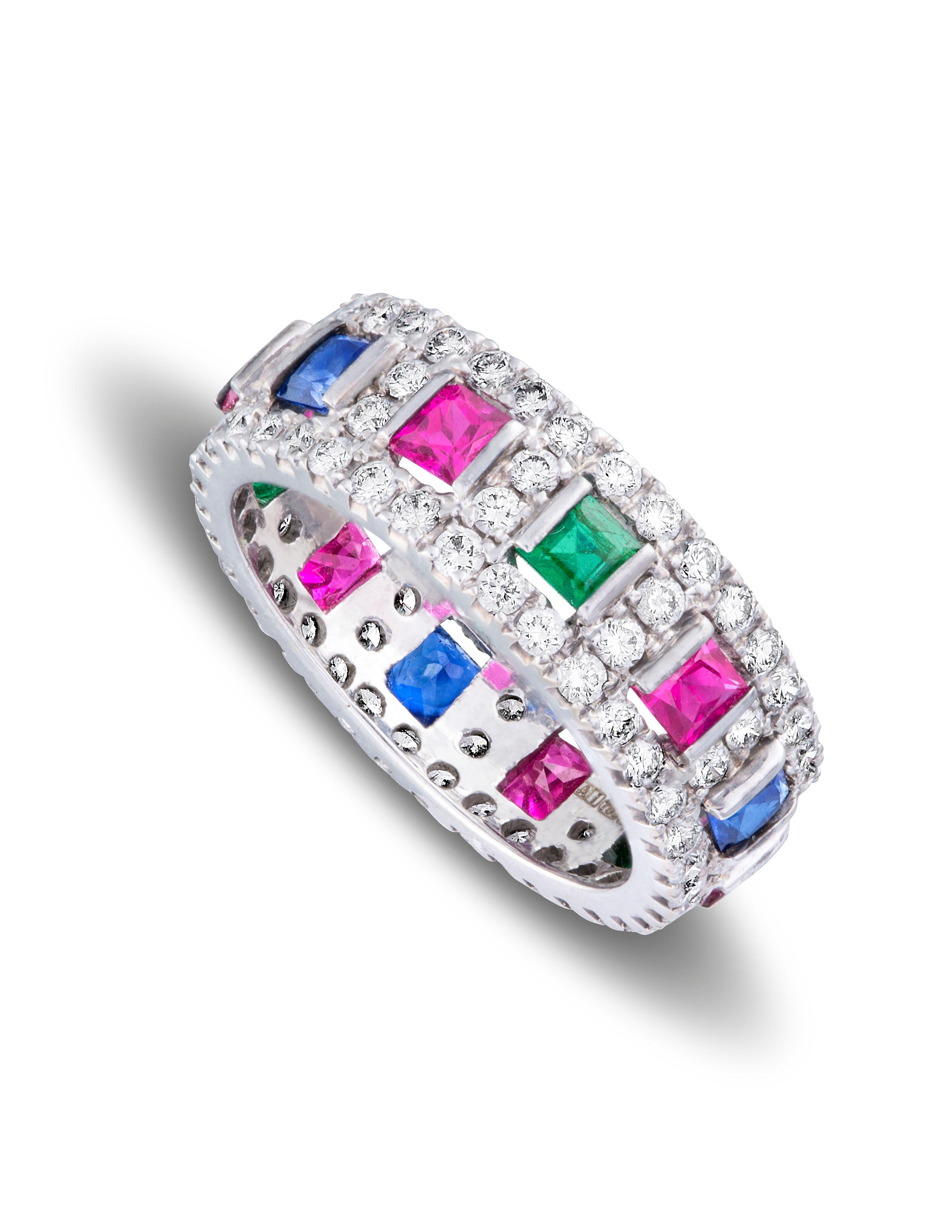 Women's Amrapali Jewels 18 Karat Gold, Sapphire, Emerald, Ruby and Diamond Ring For Sale