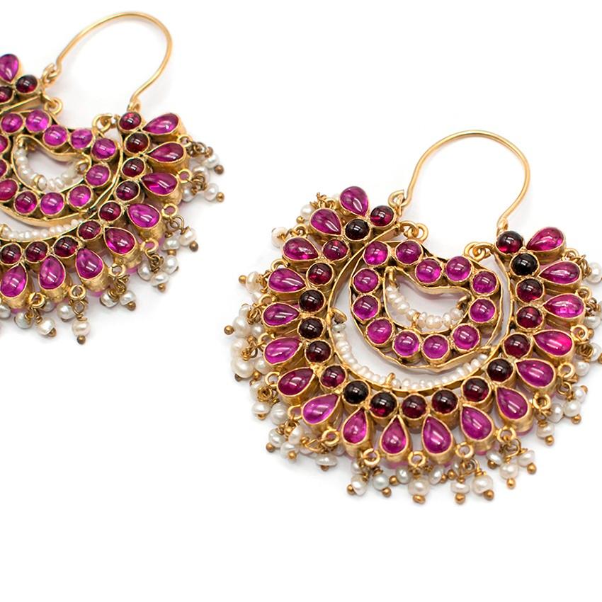 Amrapali embellished earrings 

- Gold-tone heavyweight earrings 
- Dark-pink and plum stone embellished 
- White real pearl centre feature and triple cluster side drops
- Slip through hook fastening, suitable for pierced ears
- As seen on Deepika