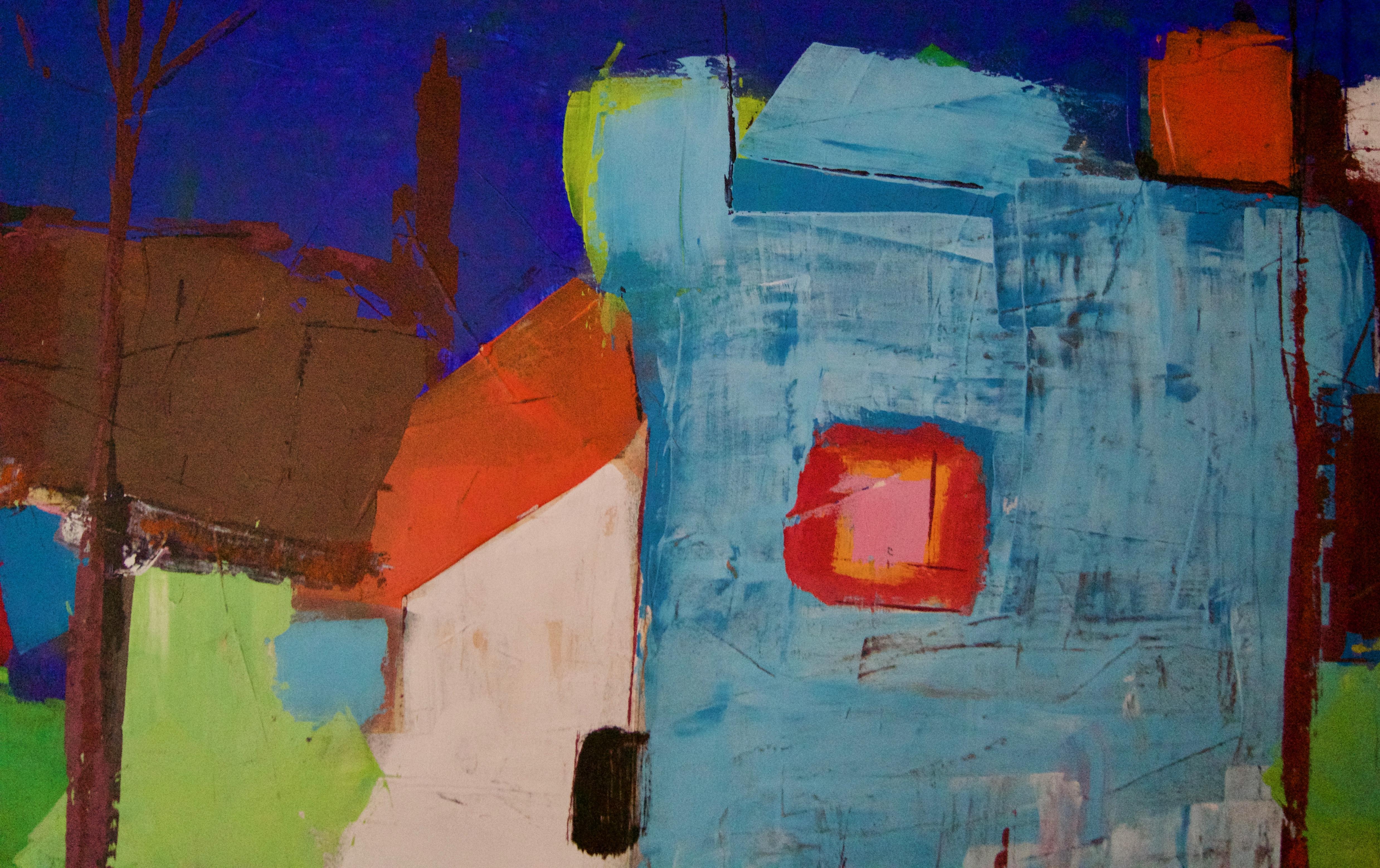Abstract Building - Late 20th Century Acrylic Painting by Amrik Varkalis For Sale 2