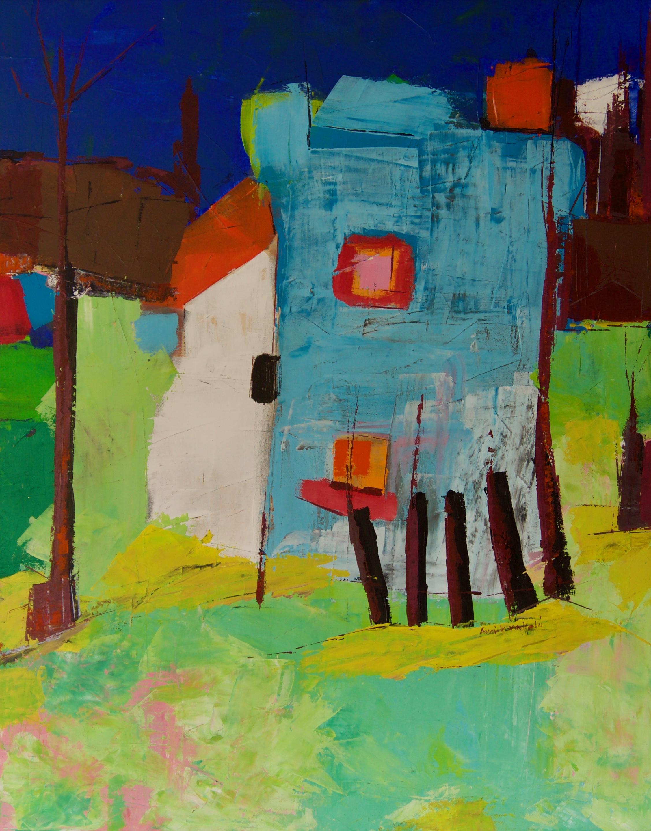 Abstract Building - Late 20th Century Acrylic Painting by Amrik Varkalis

Amrik Varkalis trained at The Manchester School of Art in the 1970's. She employs her complete understanding of colour and form, to create lush abstract landscapes and still