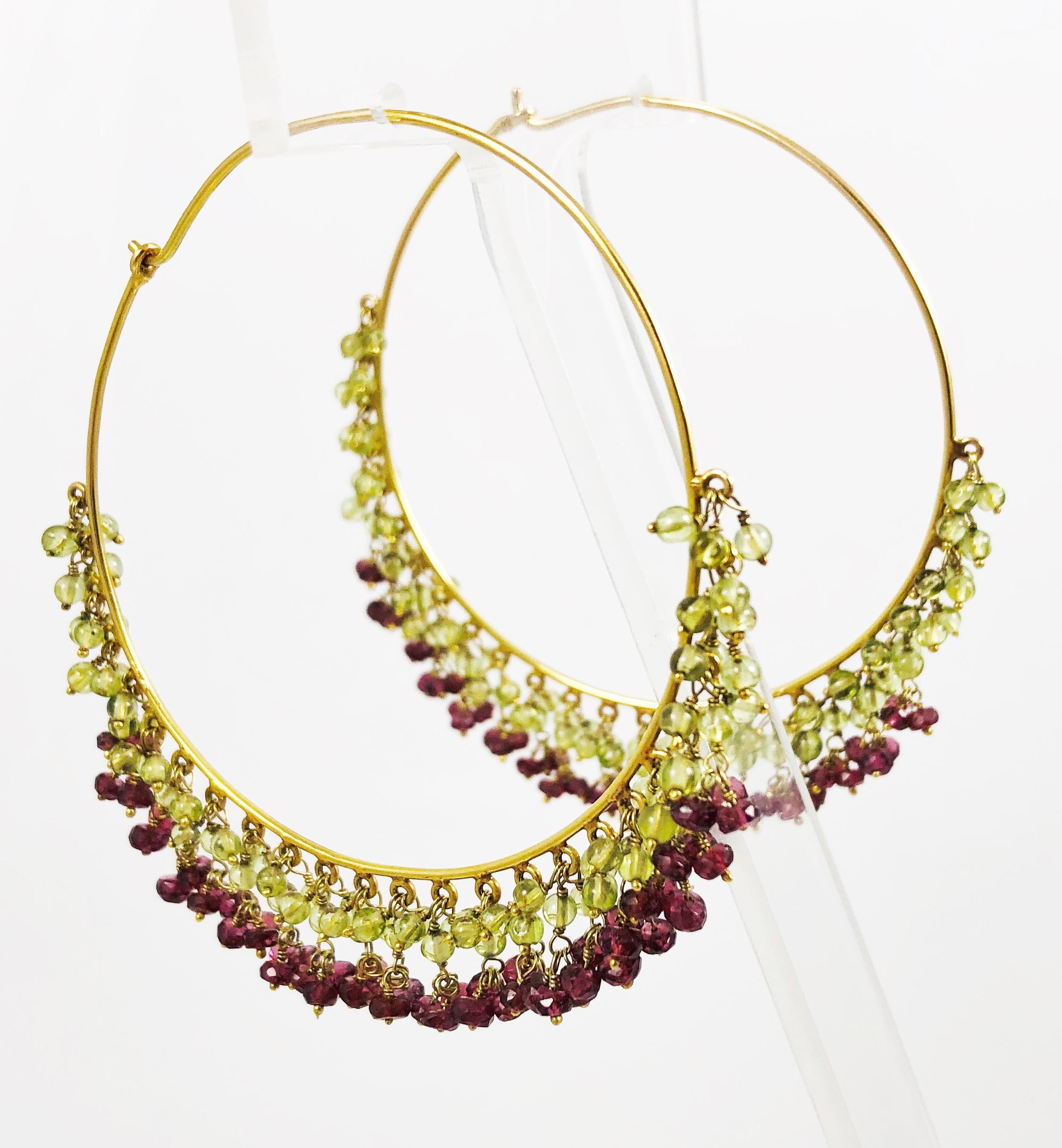 Contemporary Amrita Singh Large Gold Hoop Earrings with Peridot and Garnet