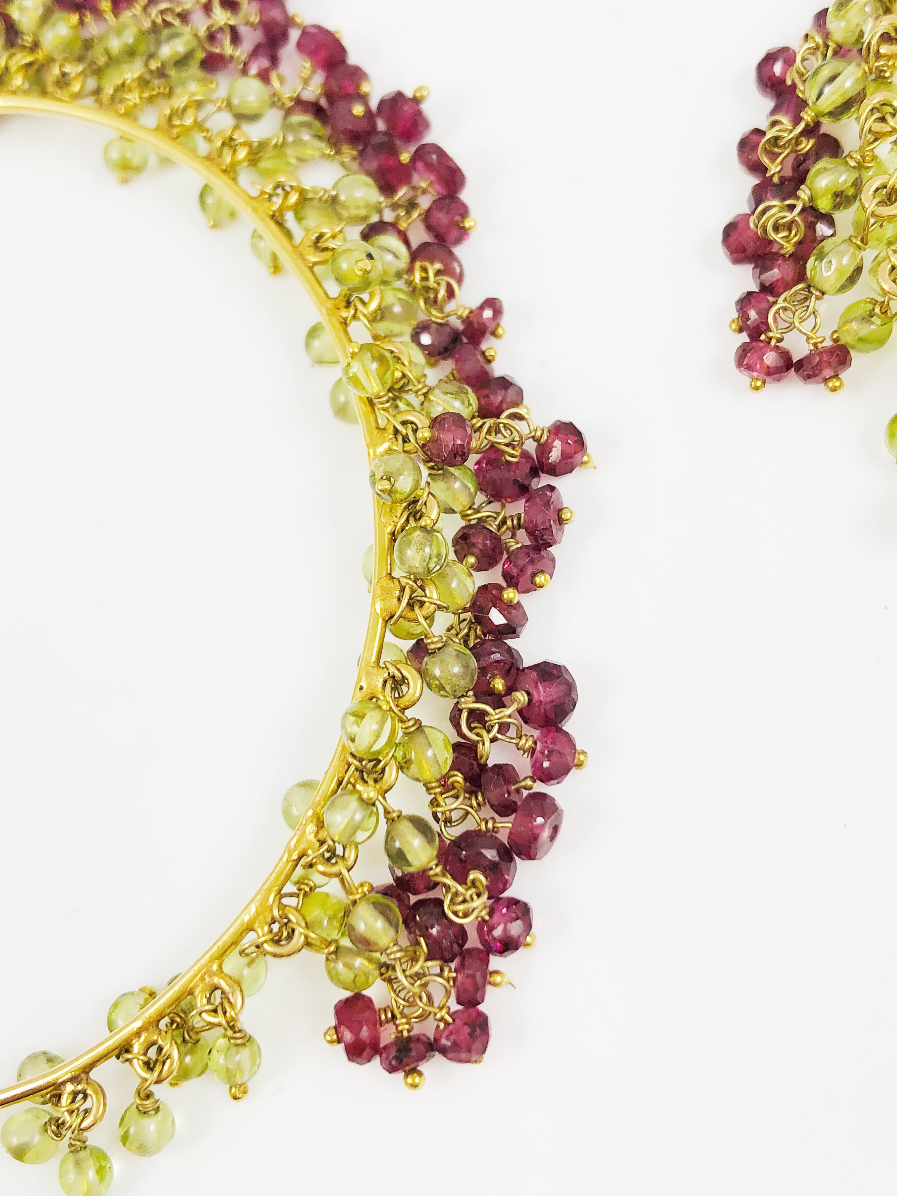 Amrita Singh Large Gold Hoop Earrings with Peridot and Garnet In Excellent Condition In Birmingham, AL