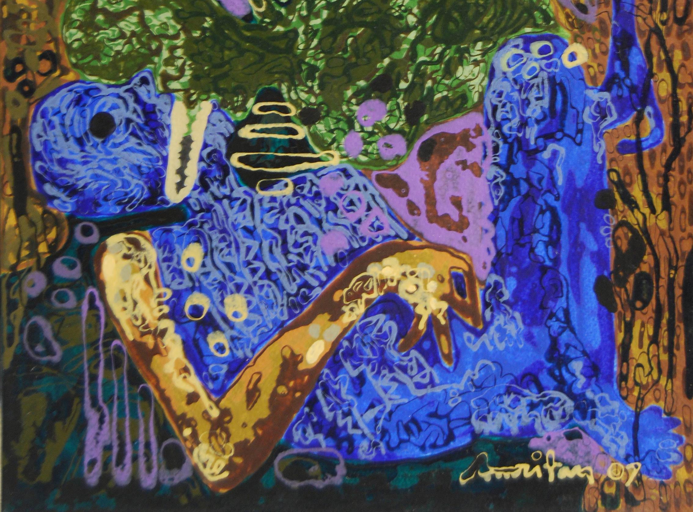 Peinture, acrylique, couleur bleu vert brun, artiste contemporain indien « en stock » - Noir Abstract Painting par Amritam Das