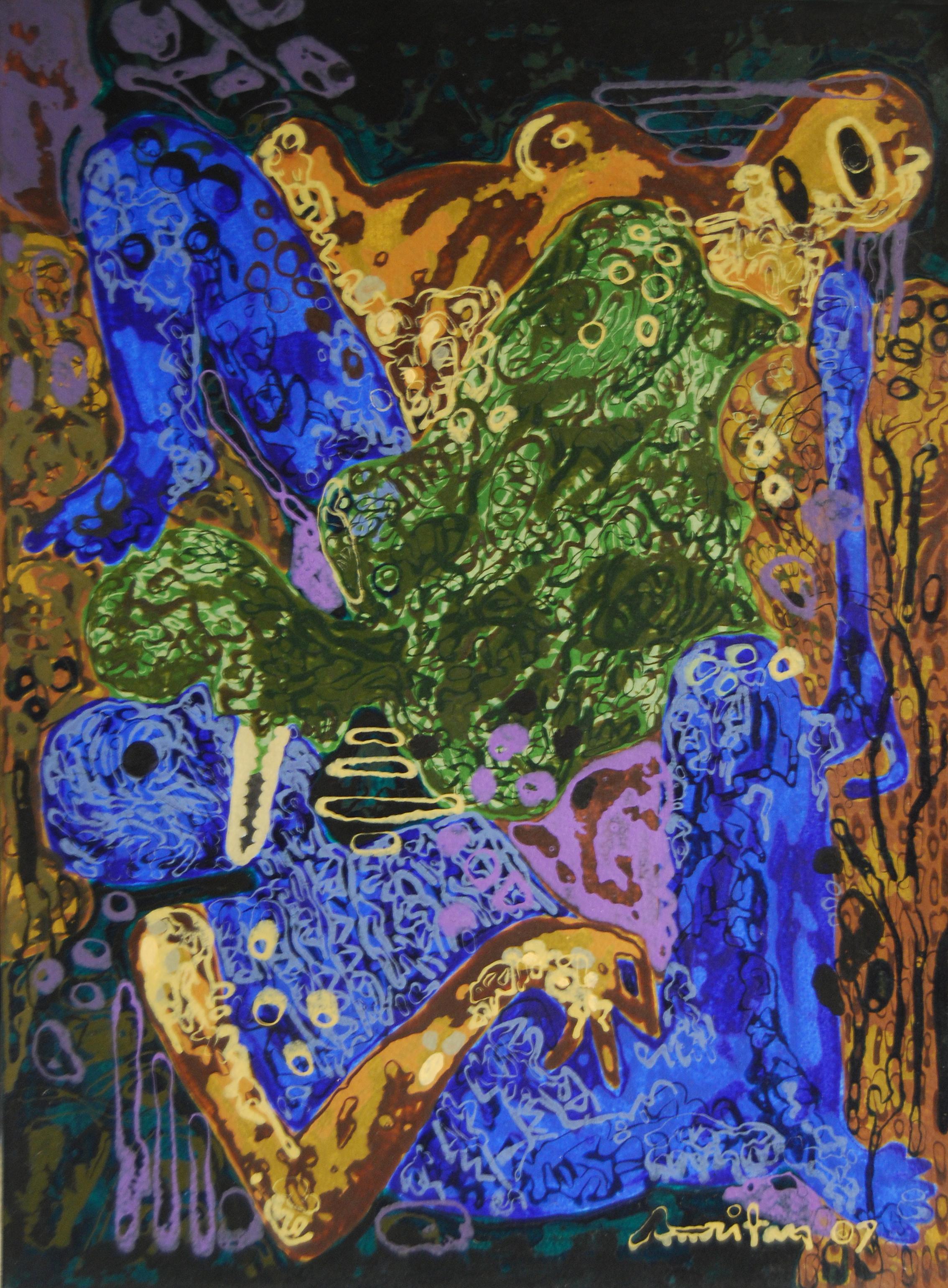 Abstract Painting Amritam Das - Peinture, acrylique, couleur bleu vert brun, artiste contemporain indien « en stock »