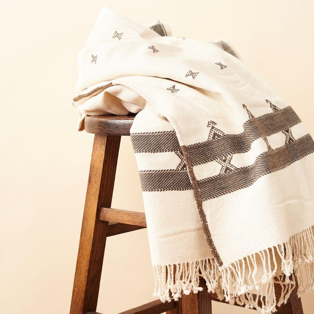 Yarn Amro Handloom Throw / Blanket , Black & White Minimal Motifs  In Organic Cotton For Sale
