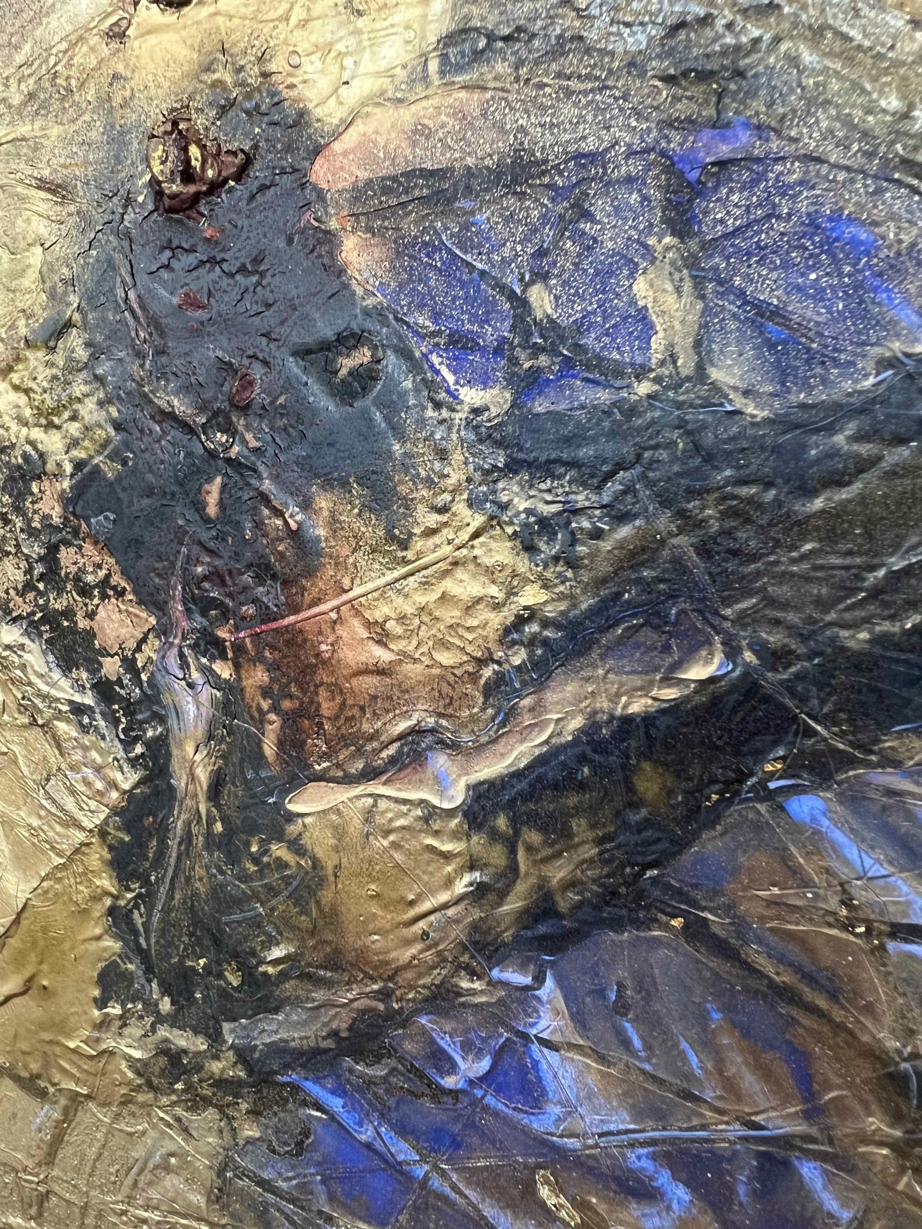 This piece is part of the Amrta Gold Series. These pieces are incredibly unique and cannot be replicated. The are multilayered mixed media abstracts all with 24k gold leaf on top. The layers are danced, dripped, and splattered onto wood panels to