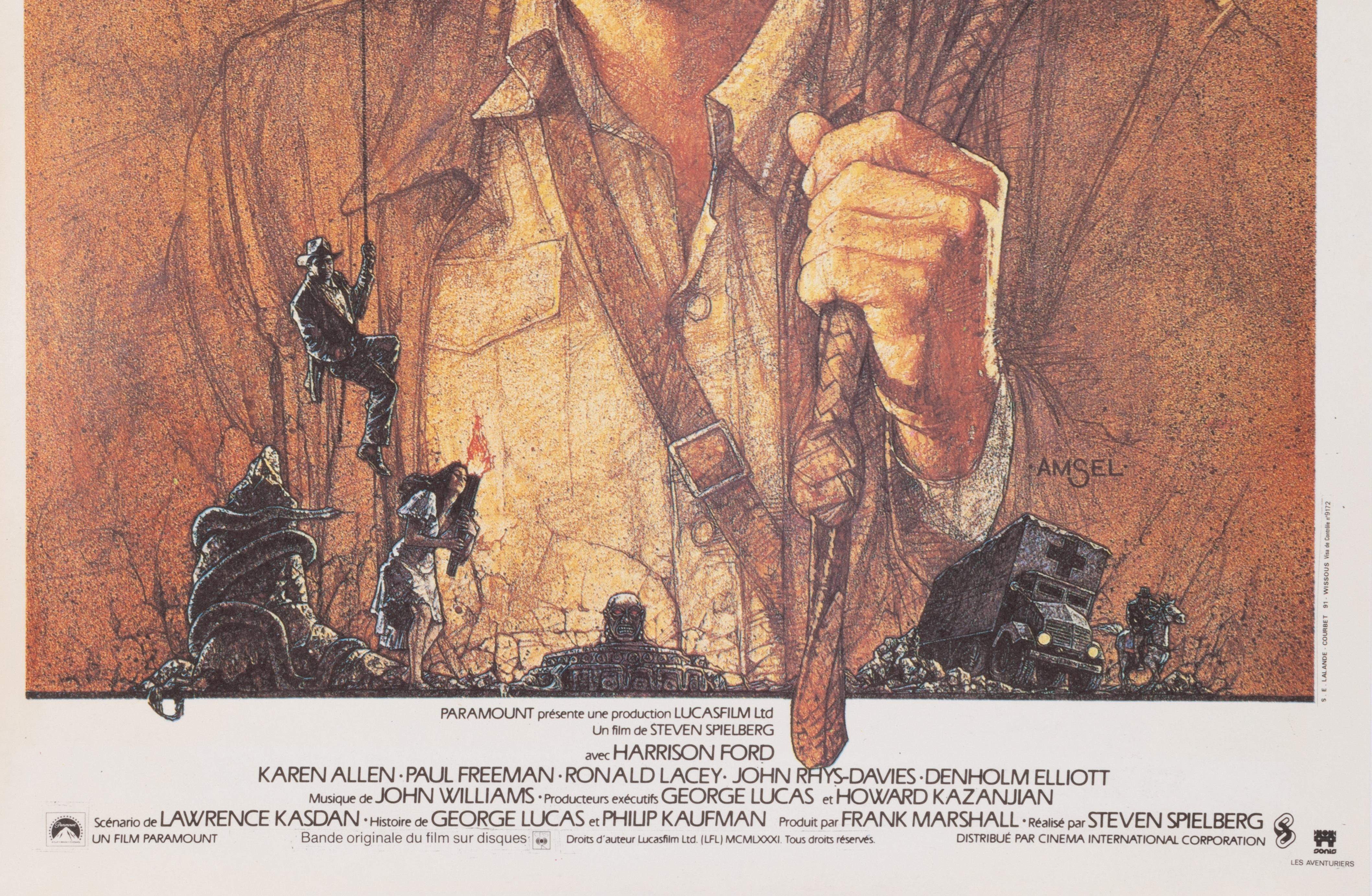 French Amsel, Original Movie Poster, Indiana Jones, Raiders Lost Ark, Spielberg, 1980 For Sale
