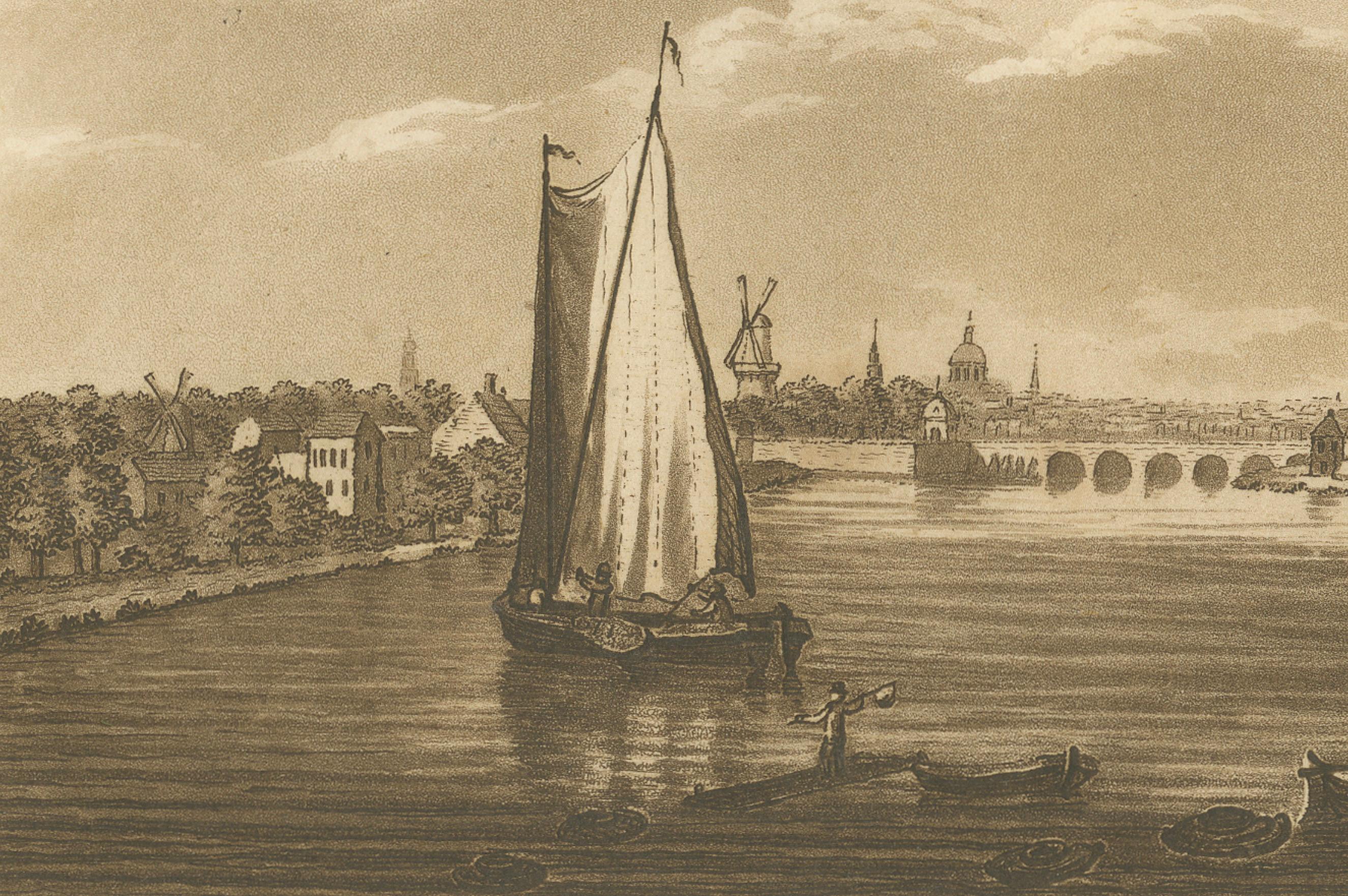 Amsterdam und die Brücke über die Amstel, Aquatinta von S. Ireland, 1795 (Spätes 18. Jahrhundert) im Angebot
