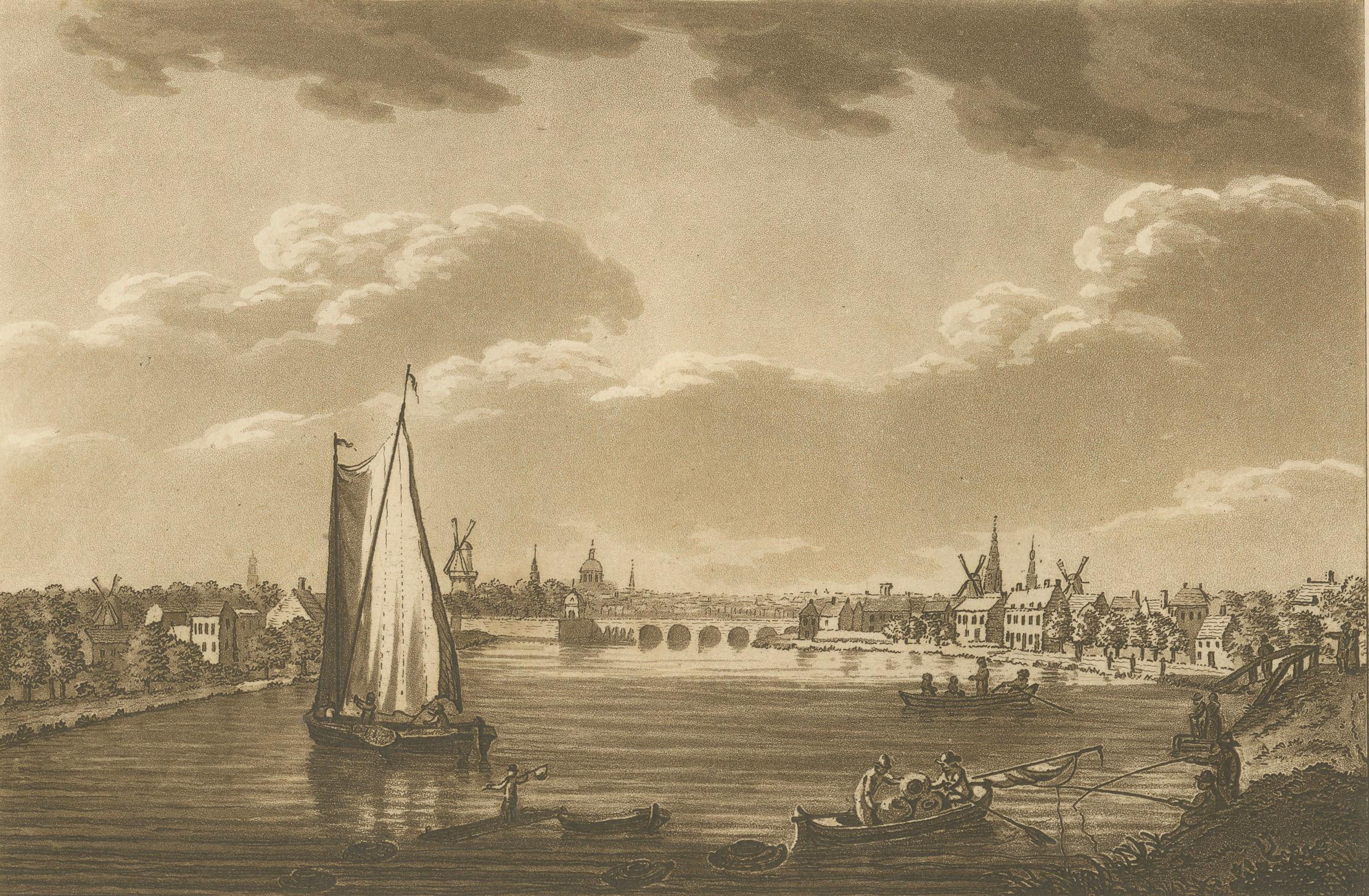 Amsterdam und die Brücke über die Amstel, Aquatinta von S. Ireland, 1795 im Angebot 1