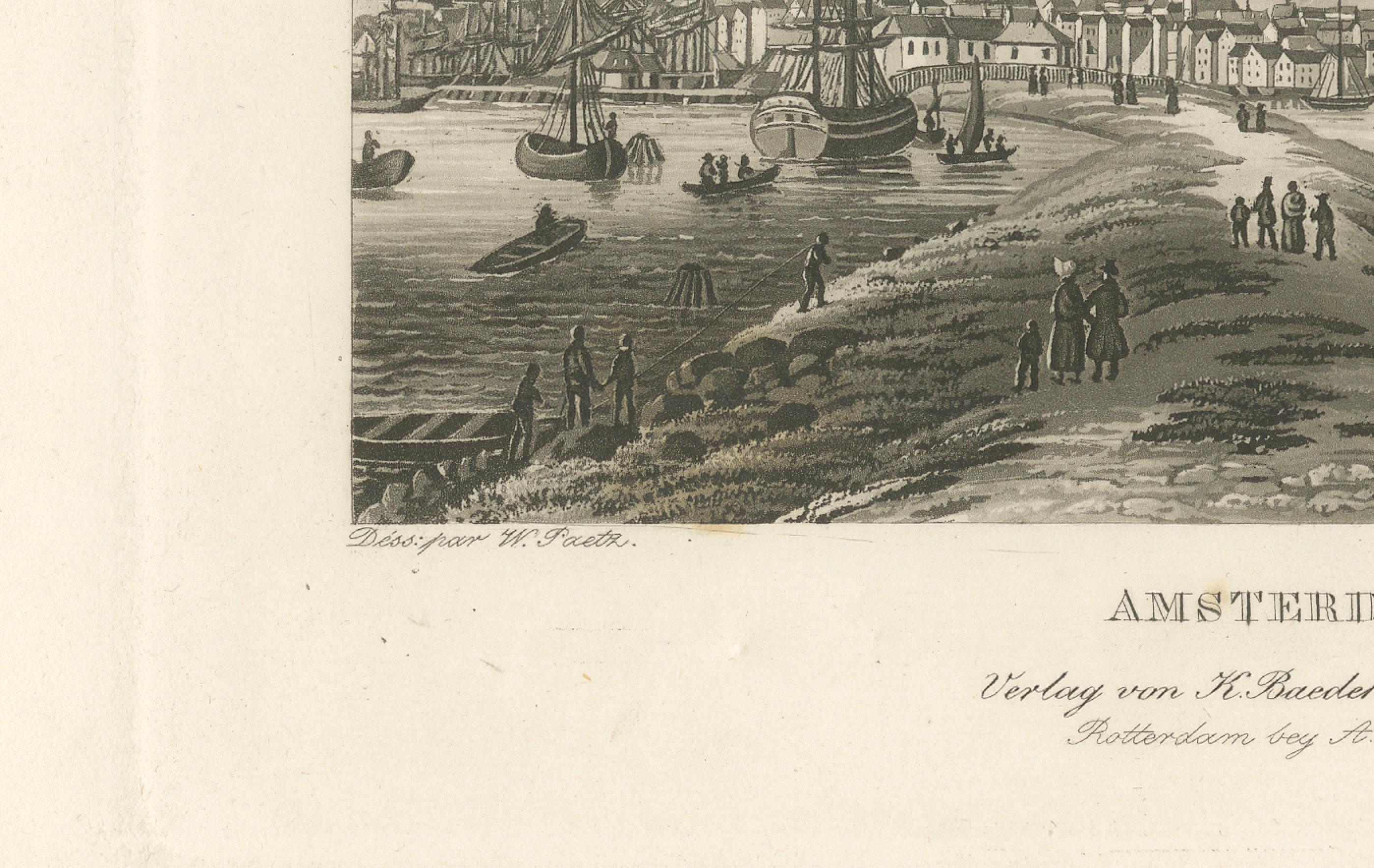Vista del puerto de Ámsterdam: Grabado antiguo del siglo XIX sobre la vida marítima en Bueno estado para la venta en Langweer, NL