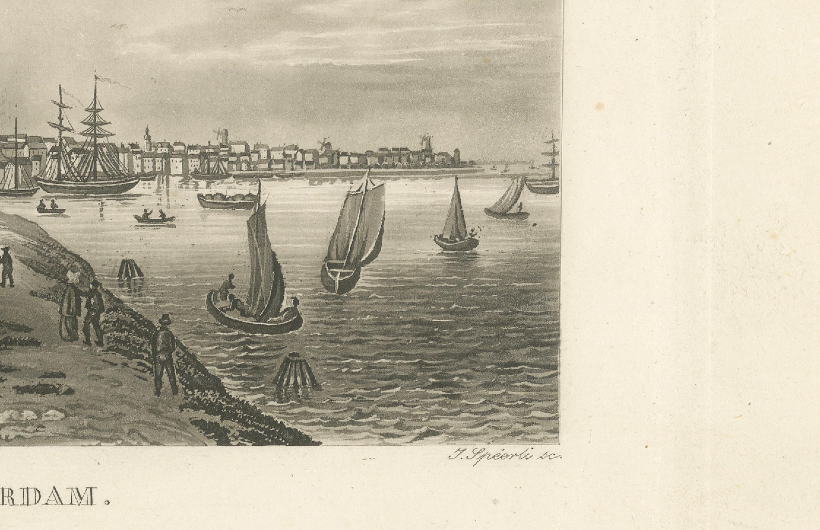 Vista del puerto de Ámsterdam: Grabado antiguo del siglo XIX sobre la vida marítima Papel en venta