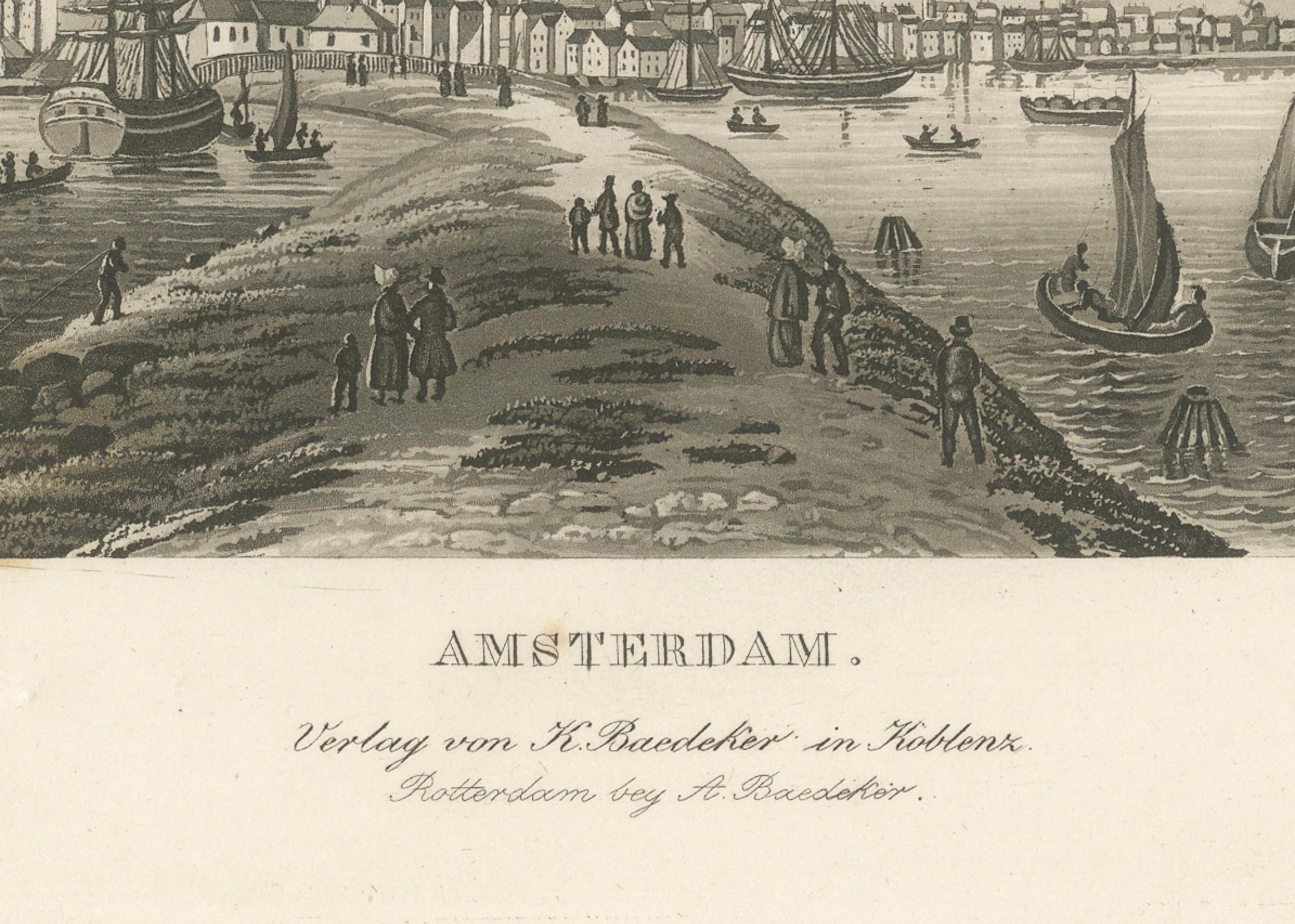 Vista del puerto de Ámsterdam: Grabado antiguo del siglo XIX sobre la vida marítima en venta 1