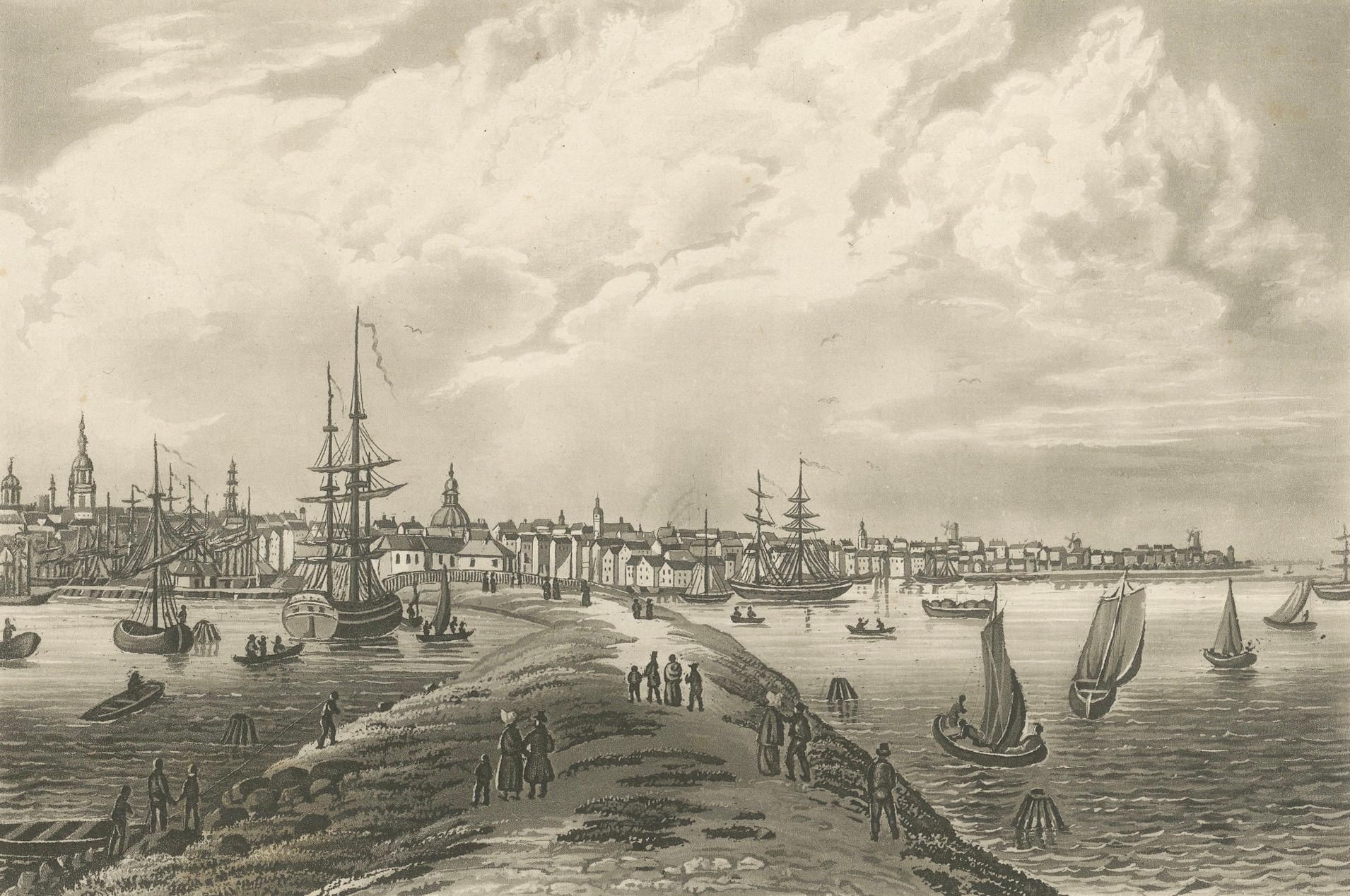 Vista del puerto de Ámsterdam: Grabado antiguo del siglo XIX sobre la vida marítima en venta 2