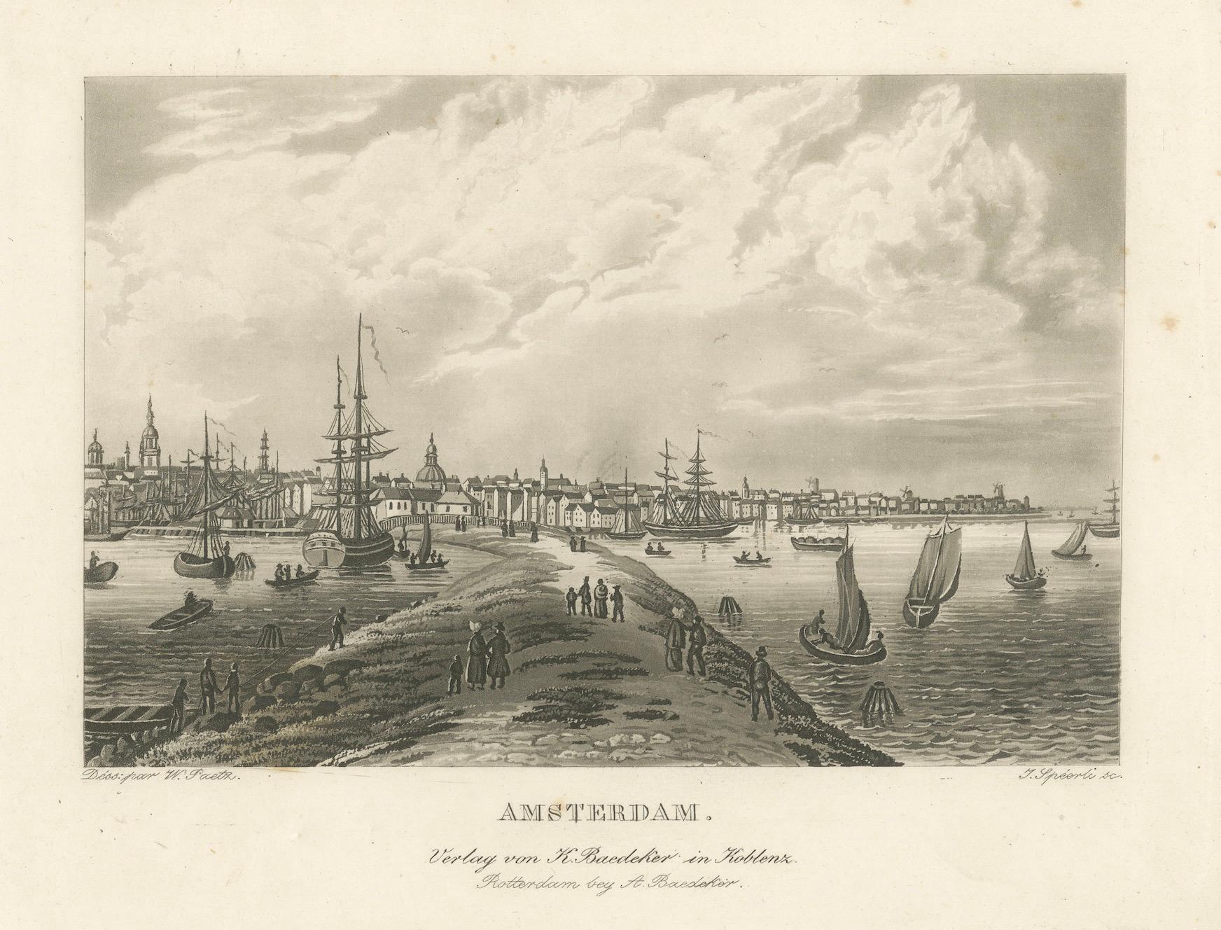 Vista del puerto de Ámsterdam: Grabado antiguo del siglo XIX sobre la vida marítima en venta 3