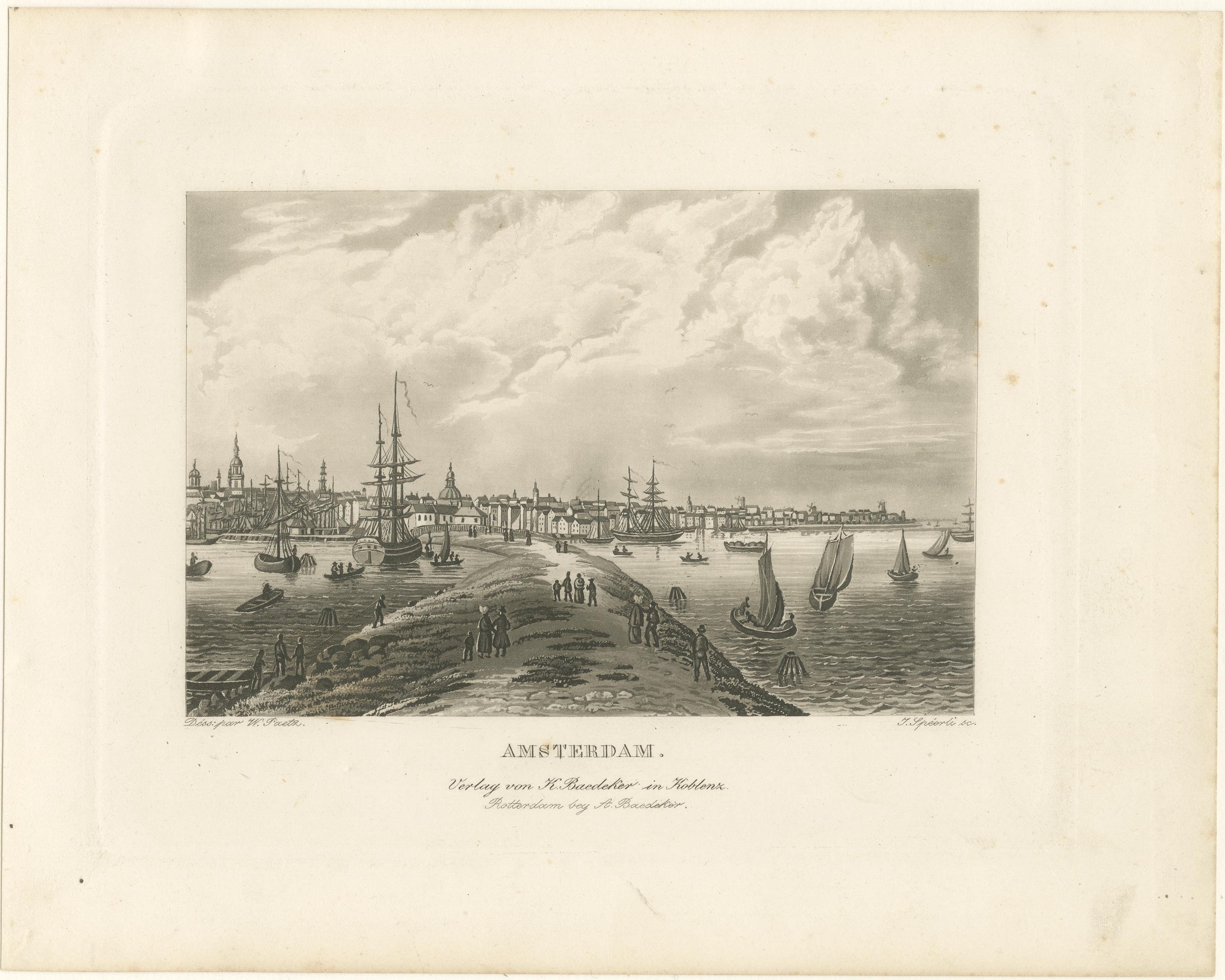 Vista del puerto de Ámsterdam: Grabado antiguo del siglo XIX sobre la vida marítima en venta 4