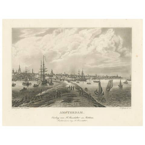 Amsterdam Harbor View: Antique 19th Century Engraving of Maritime Life