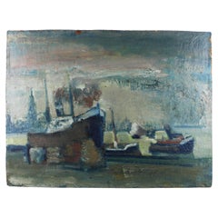 Vue du port d'Amsterdam avec bateau à vapeur Huile sur carton Première moitié du 20e siècle