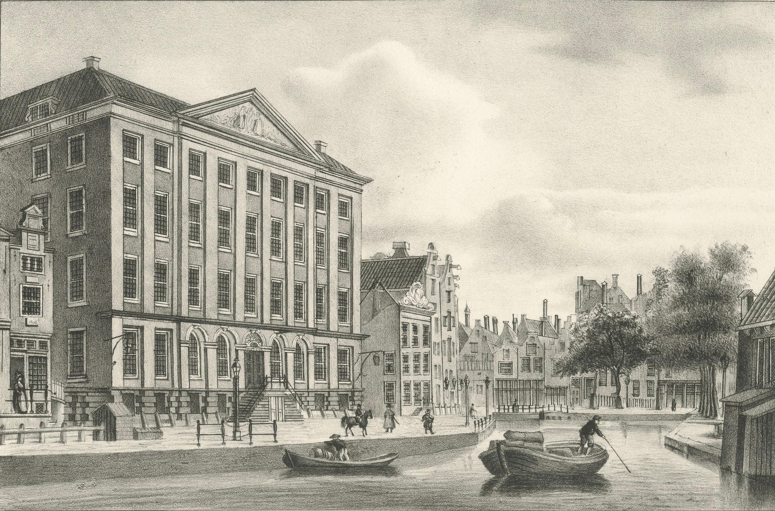 Amsterdam Maagdenhuis - Litografía del siglo XIX de un monumento histórico Papel en venta