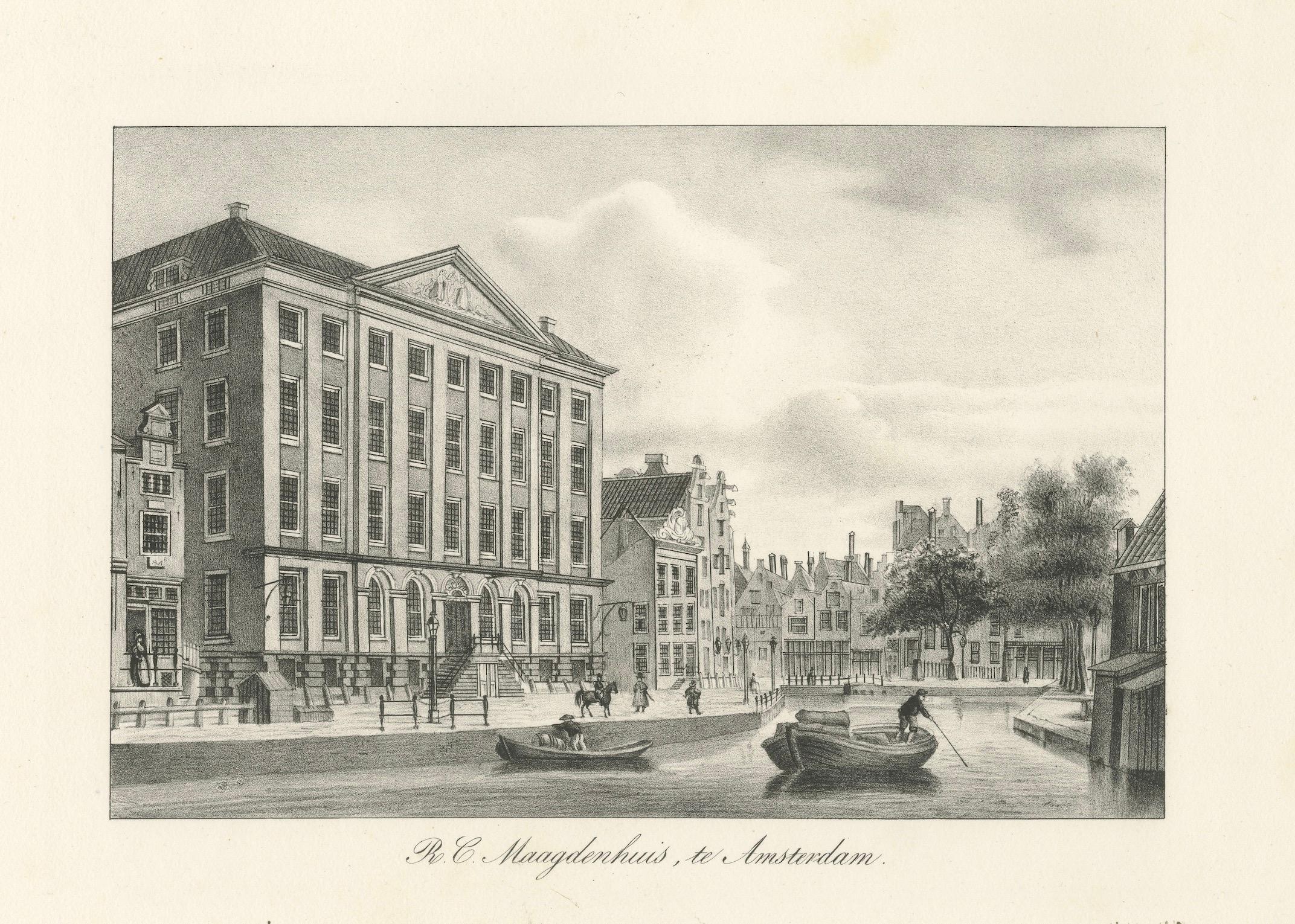 Amsterdam Maagdenhuis - Litografía del siglo XIX de un monumento histórico en venta 1