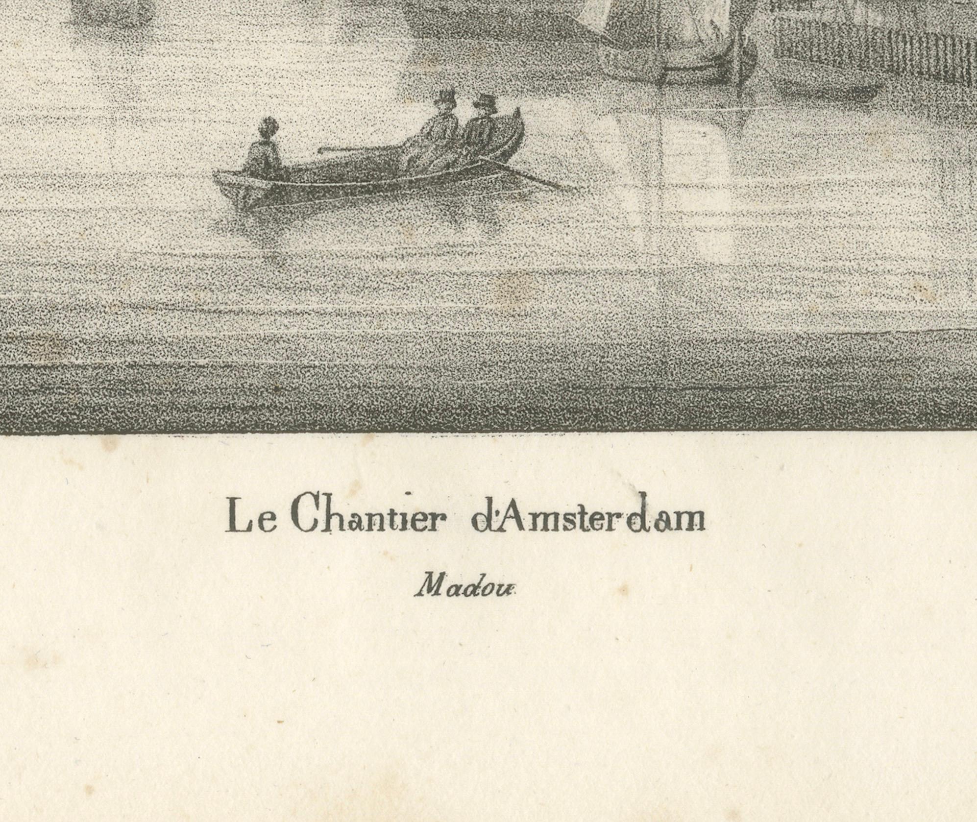Vista del astillero marítimo de Amsterdam por Schelfhout, litografía del siglo XIX

Esta evocadora litografía del siglo XIX titulada 