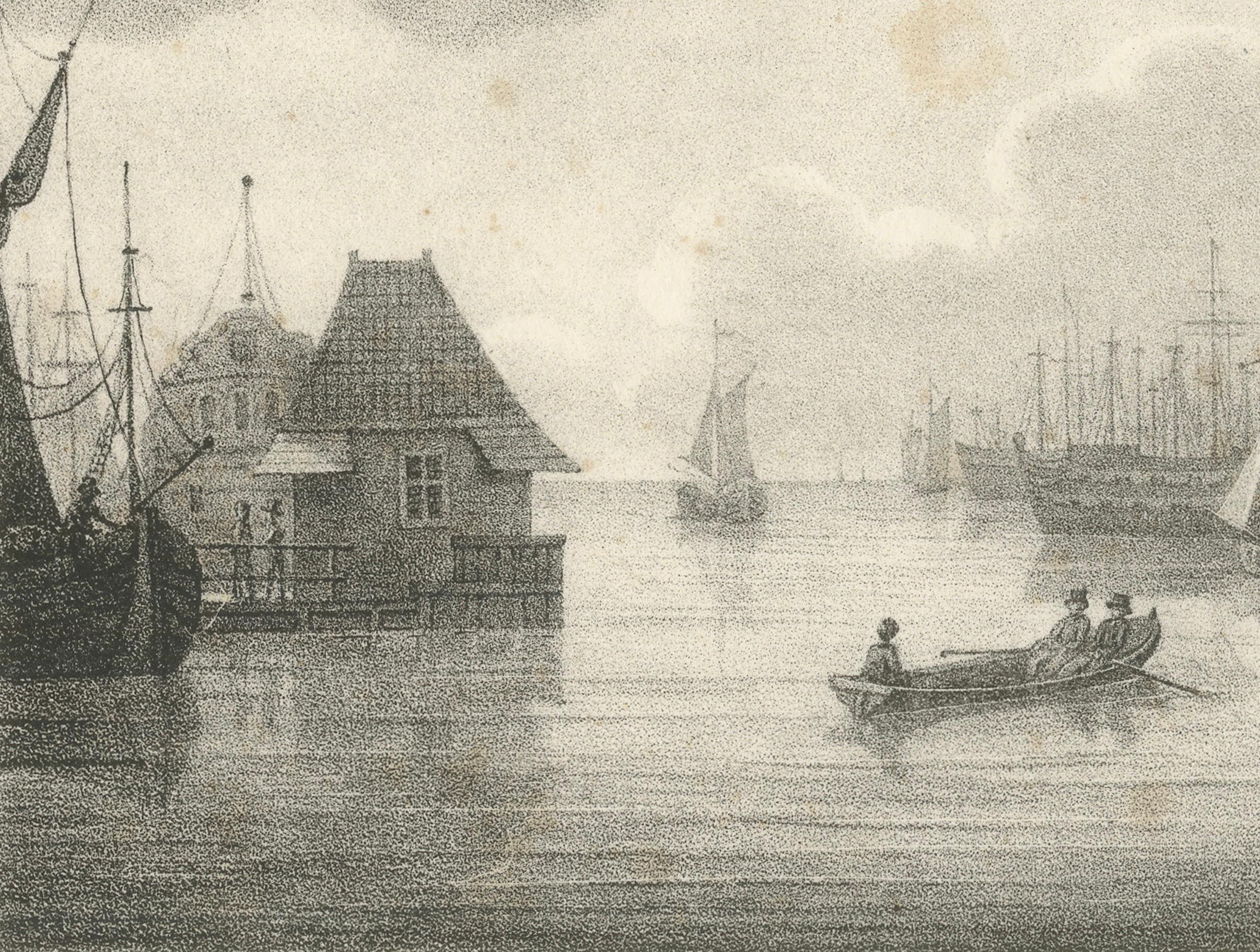 Vista del astillero marítimo de Amsterdam por Schelfhout, litografía del siglo XIX en Bueno estado para la venta en Langweer, NL