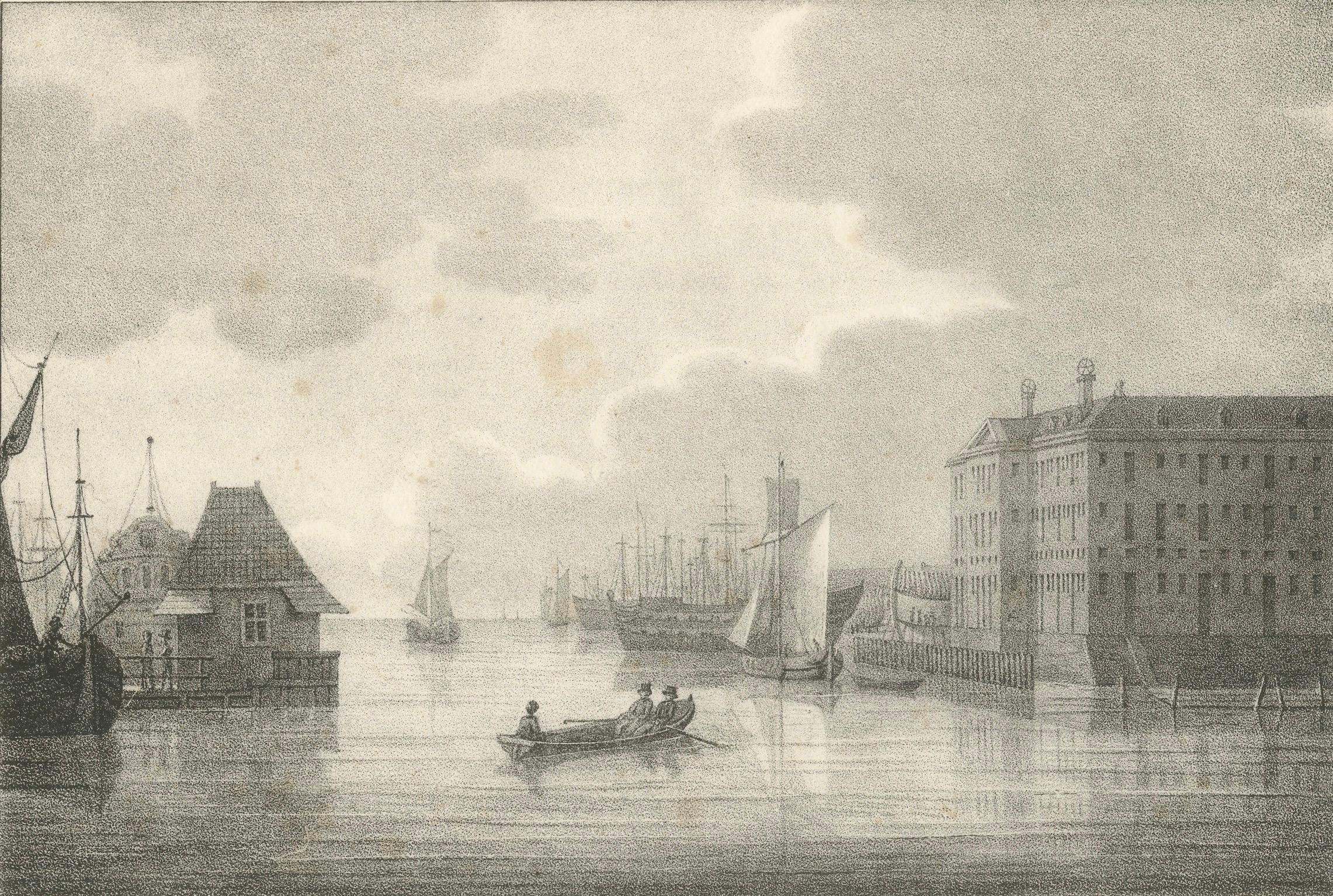 Vista del astillero marítimo de Amsterdam por Schelfhout, litografía del siglo XIX Mediados del siglo XIX en venta