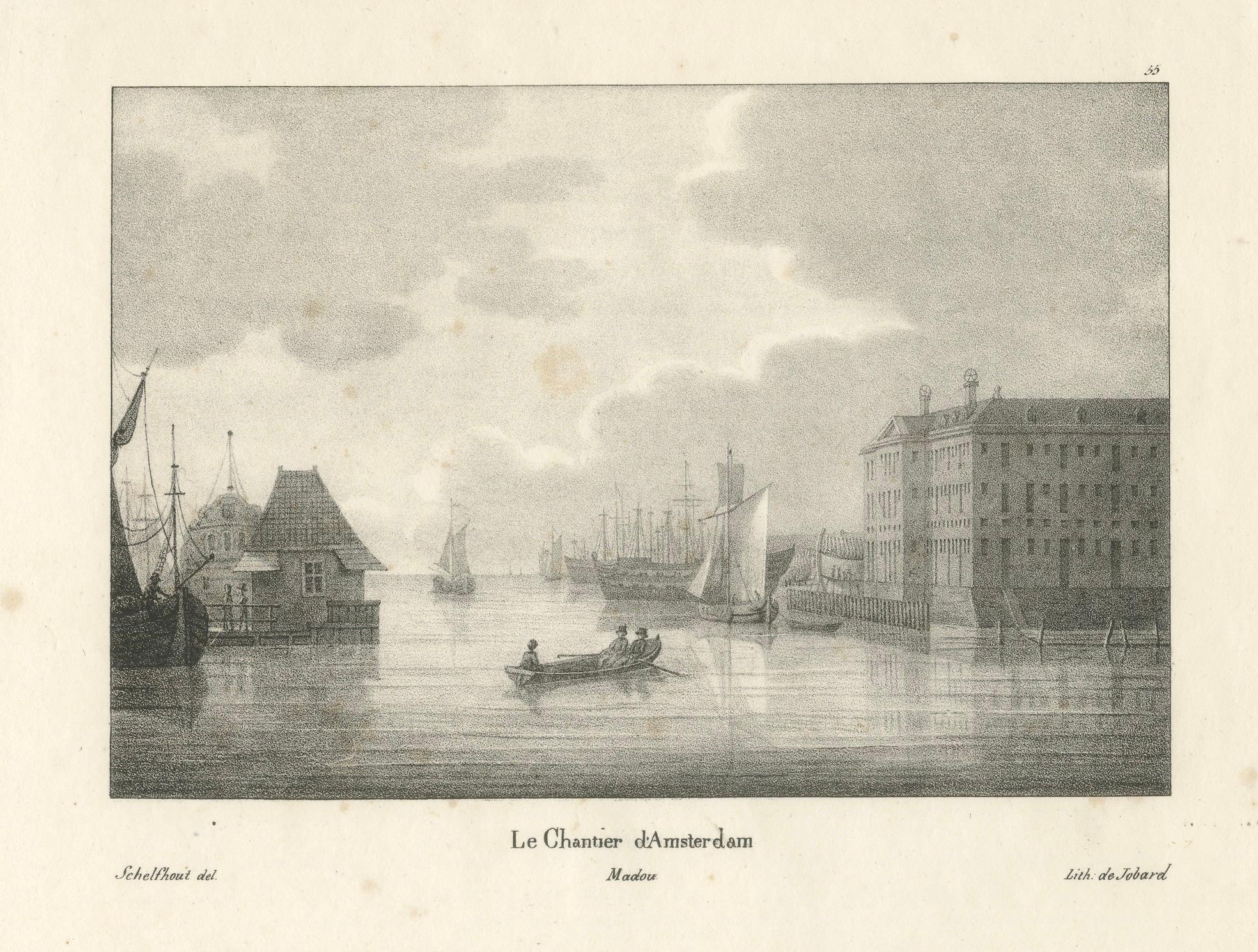 Vista del astillero marítimo de Amsterdam por Schelfhout, litografía del siglo XIX Papel en venta