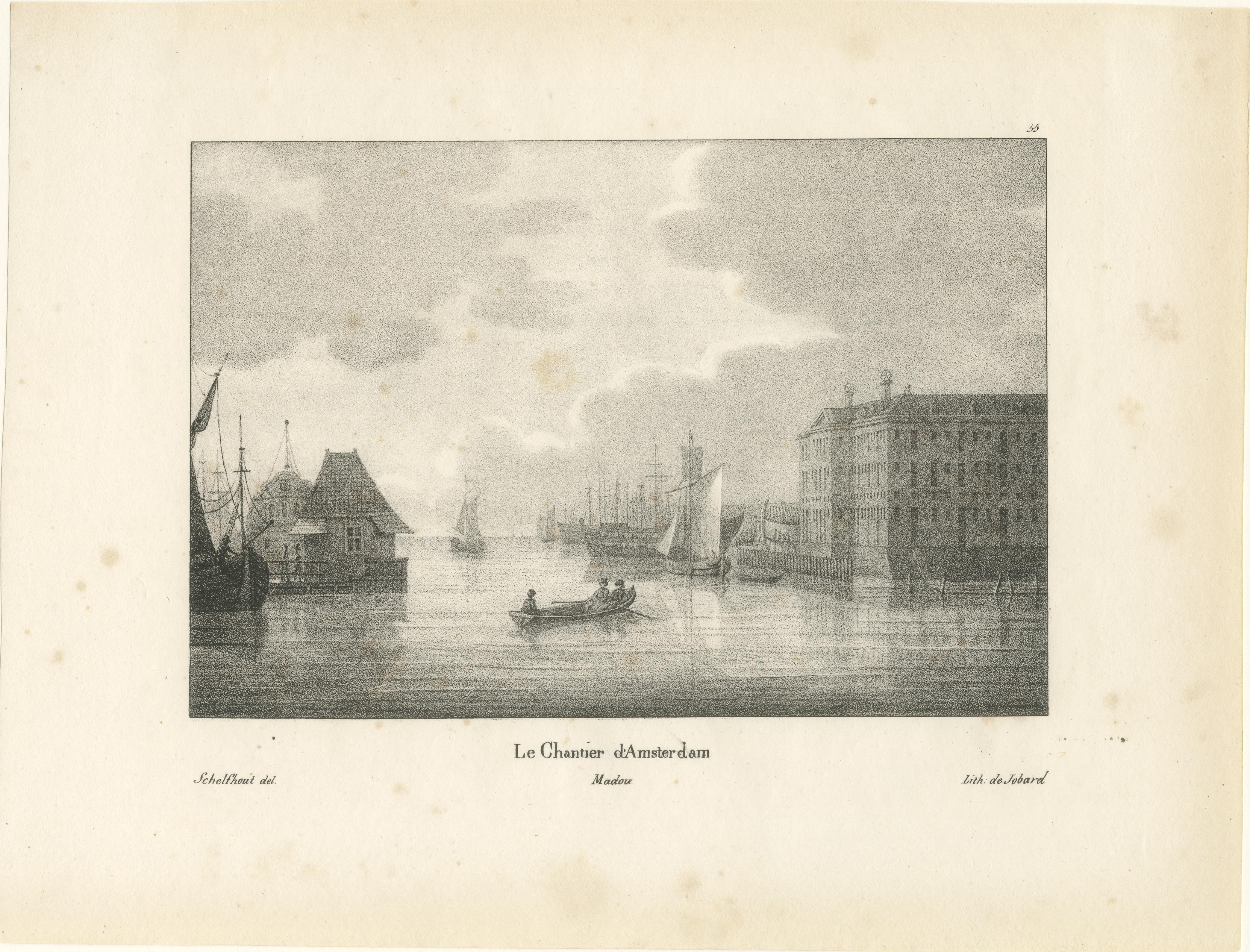 Vista del astillero marítimo de Amsterdam por Schelfhout, litografía del siglo XIX en venta 1