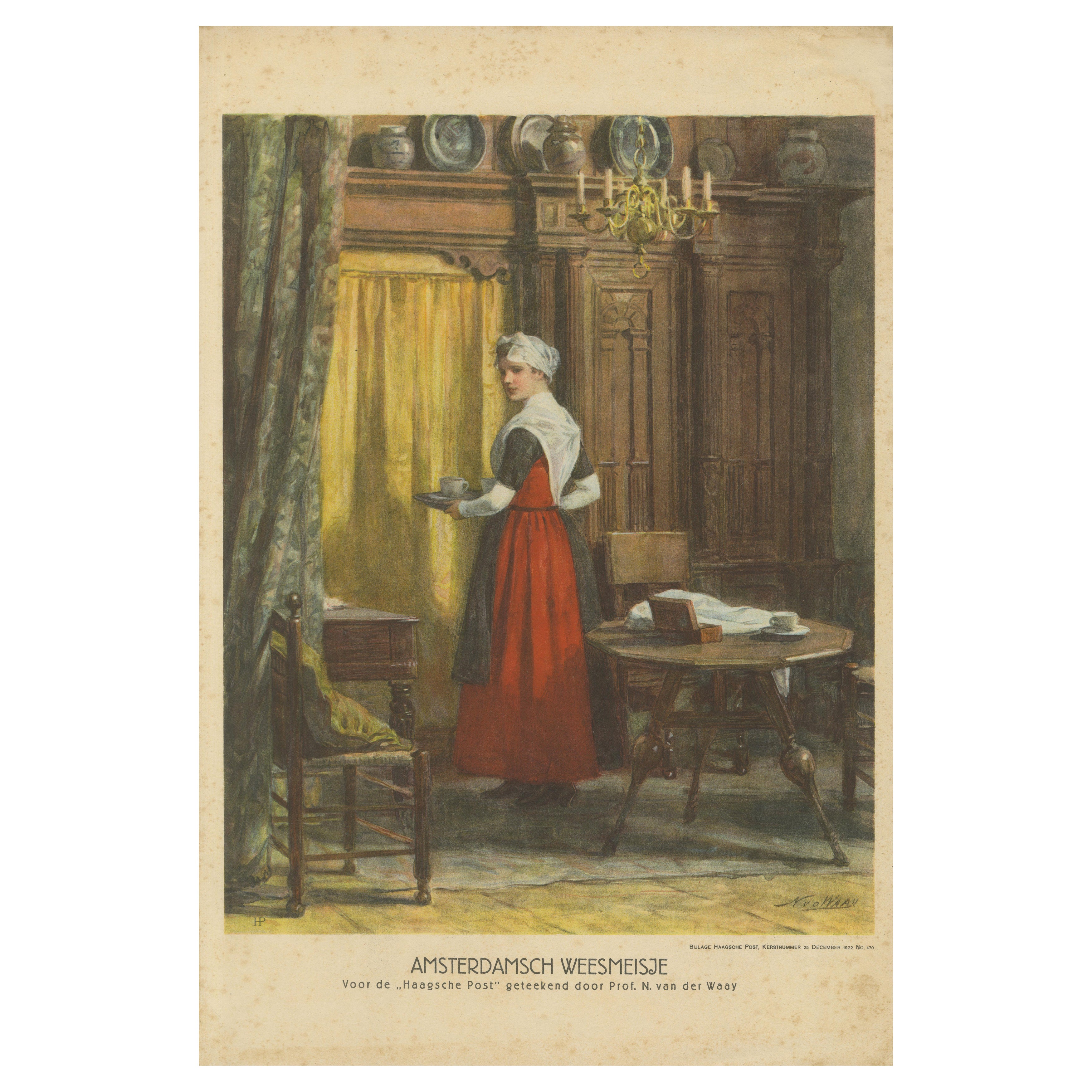 Amsterdamer Waisenmädchen in traditioneller Tracht - Druck von N. van der Waay, 1923 im Angebot